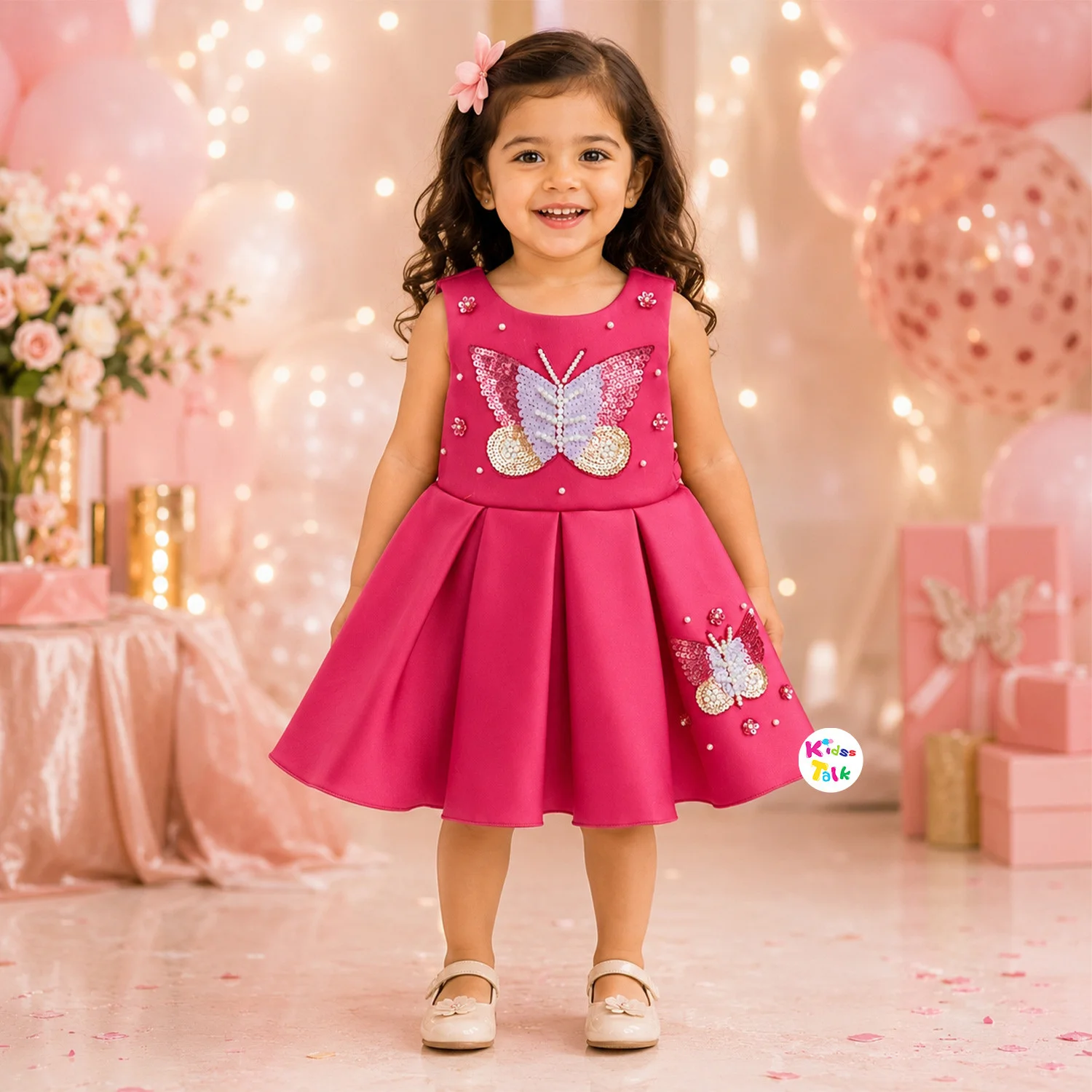 Scuba Sleeveless Frock With Sequins Work - Hot Pink