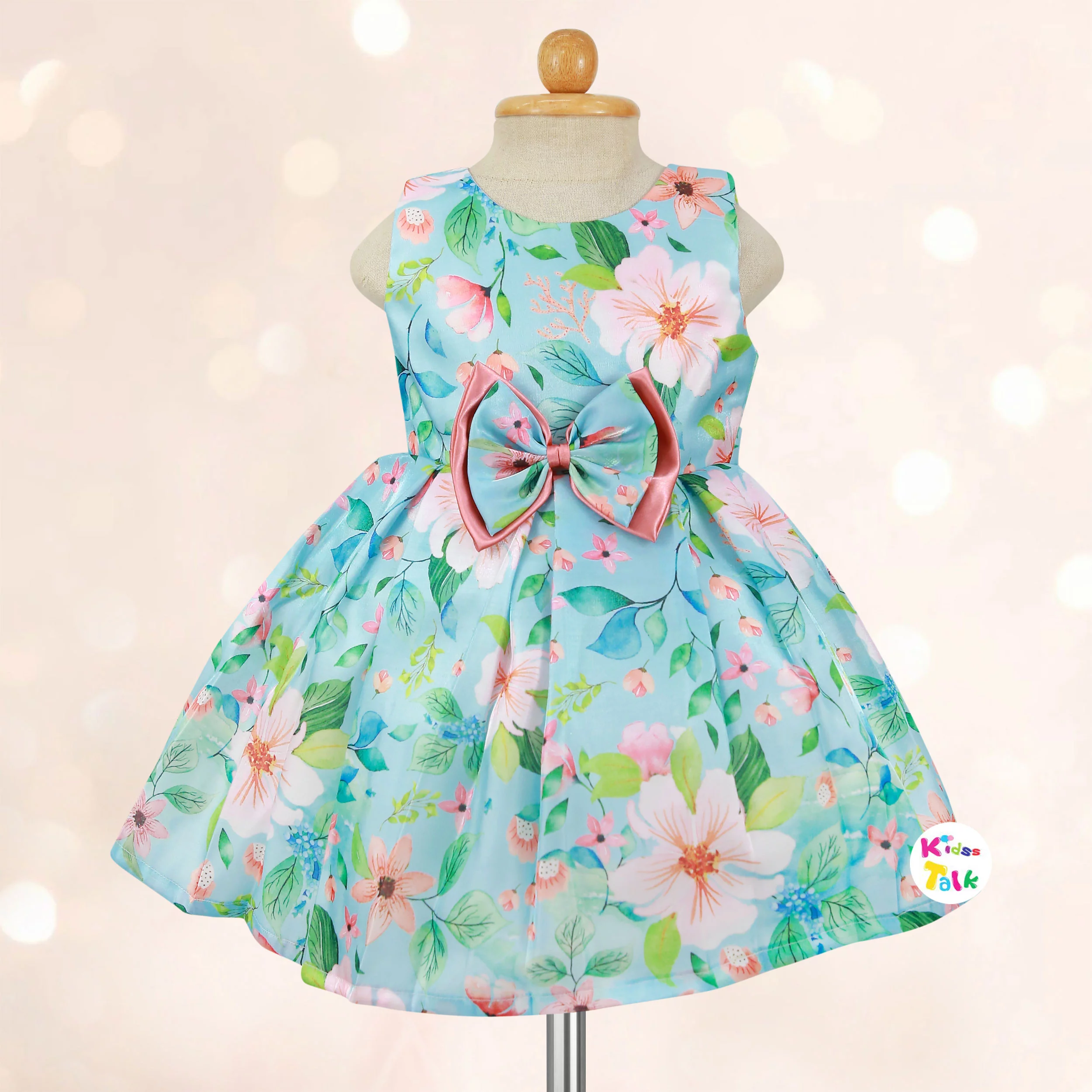 Soft Satin Sleeveless Party Frock With Floral Print - Blue