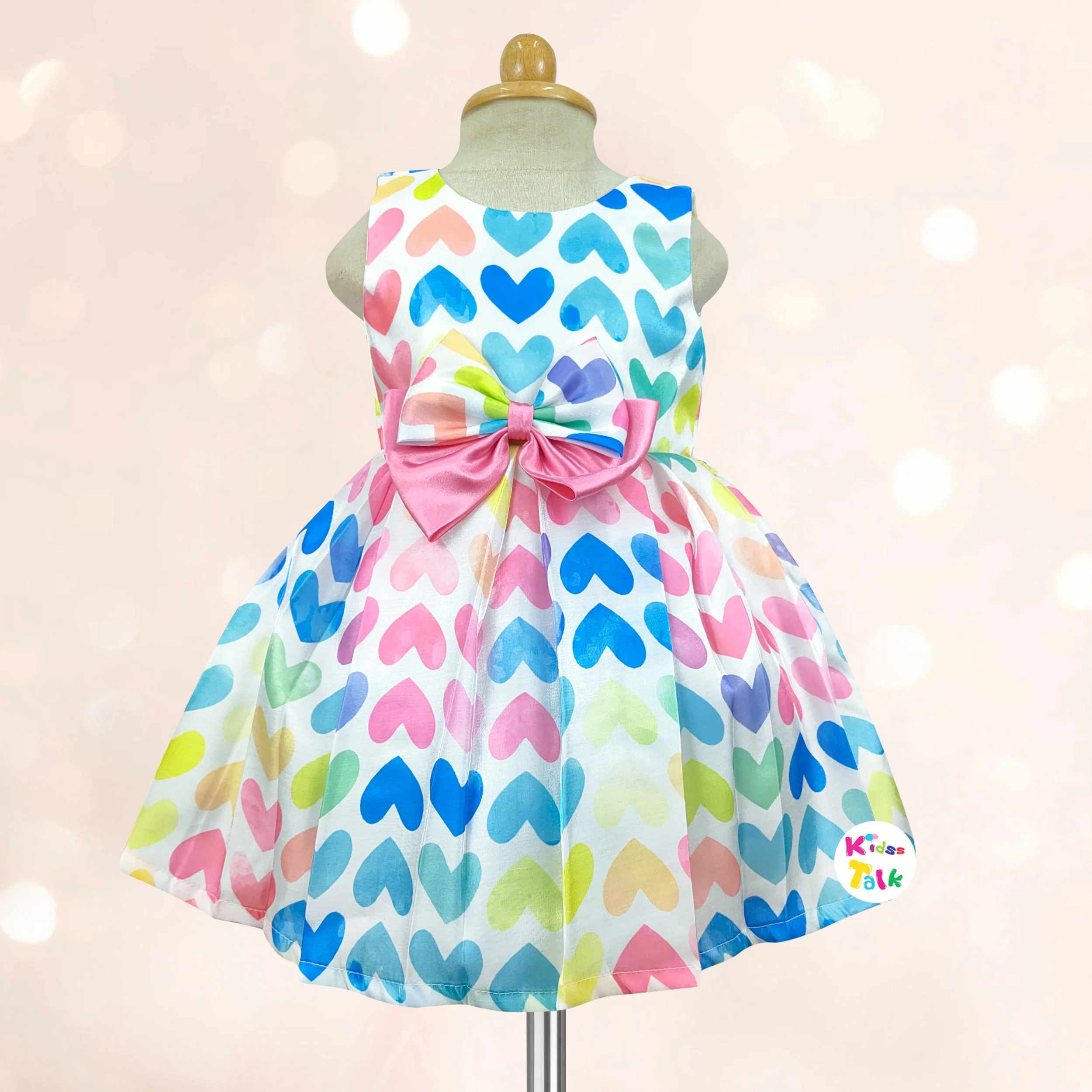 Satin Sleeveless Party Frock With Heart Printed - Multicolour