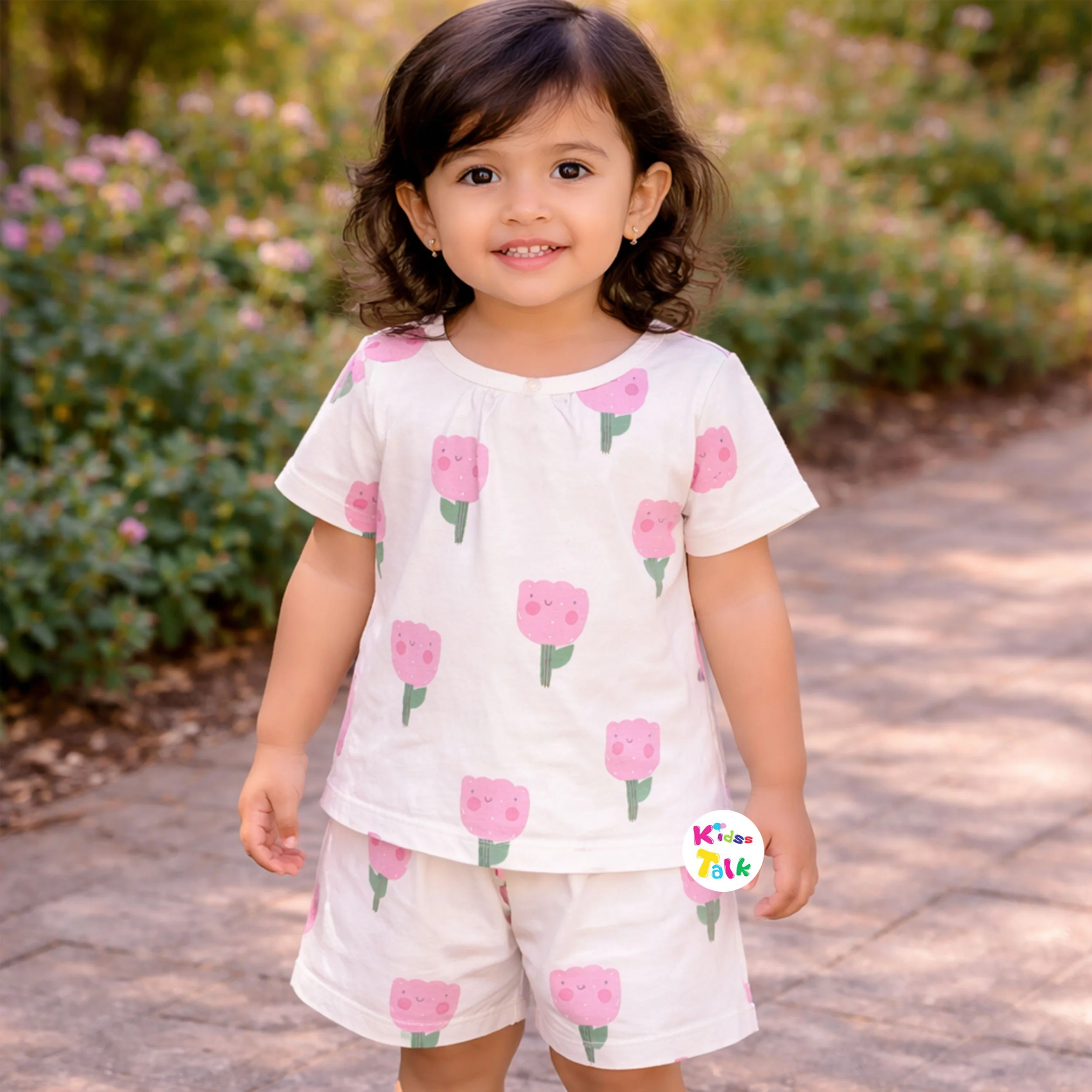 Cotton Knitted Half Sleeve T-shirt Set With Cute Printed - Cream