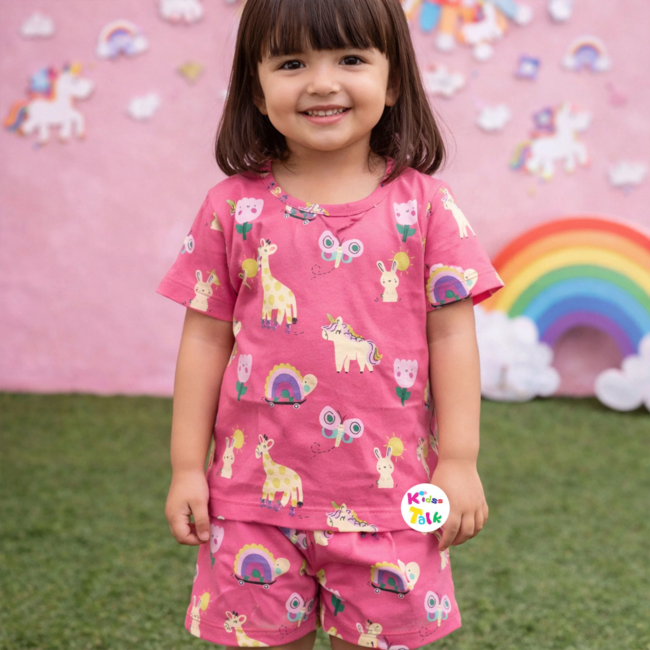 Cotton Knitted Half Sleeve T-shirt Set With Cute Printed - Pink