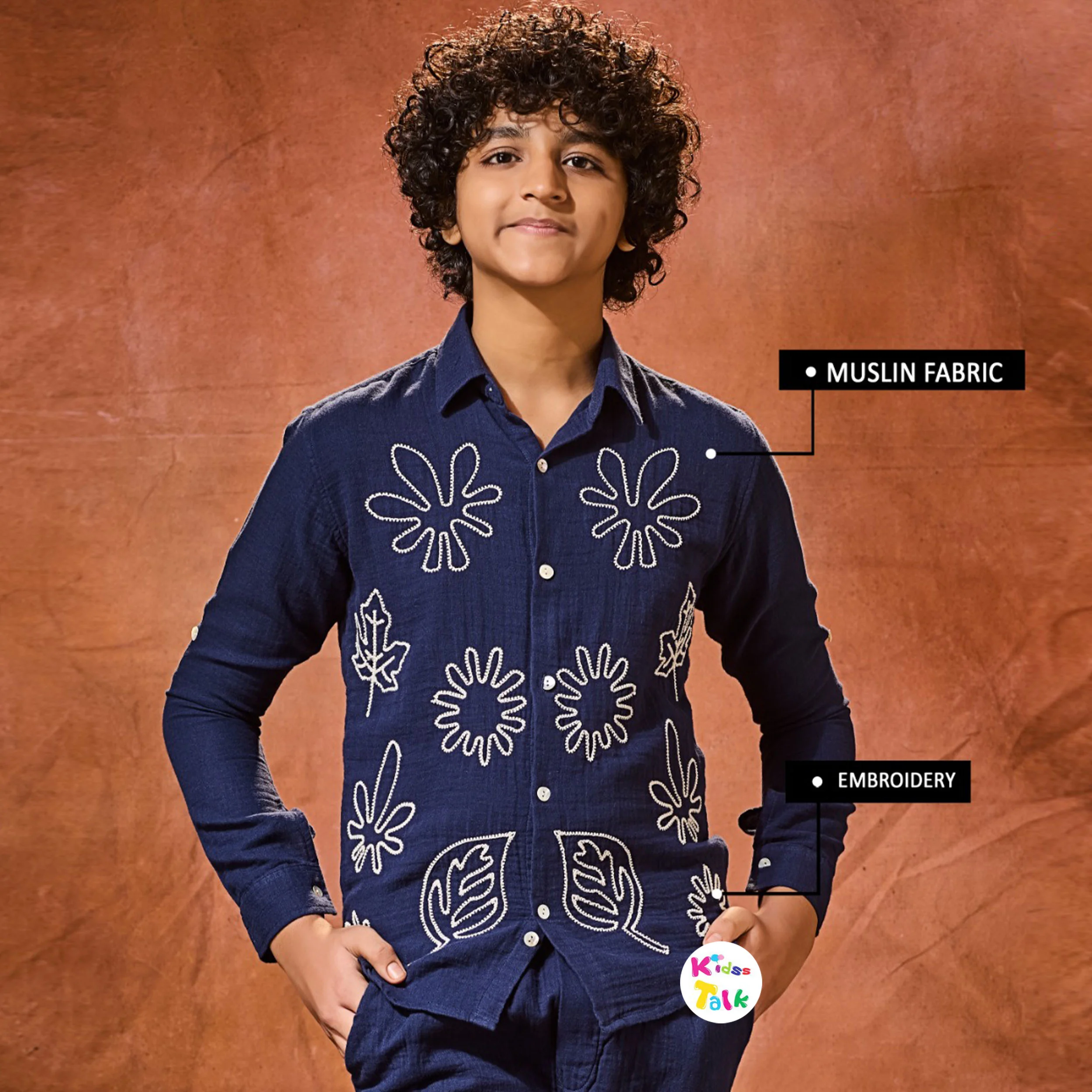 Muslin Full Sleeve Embroidered Shirt - Navy Blue