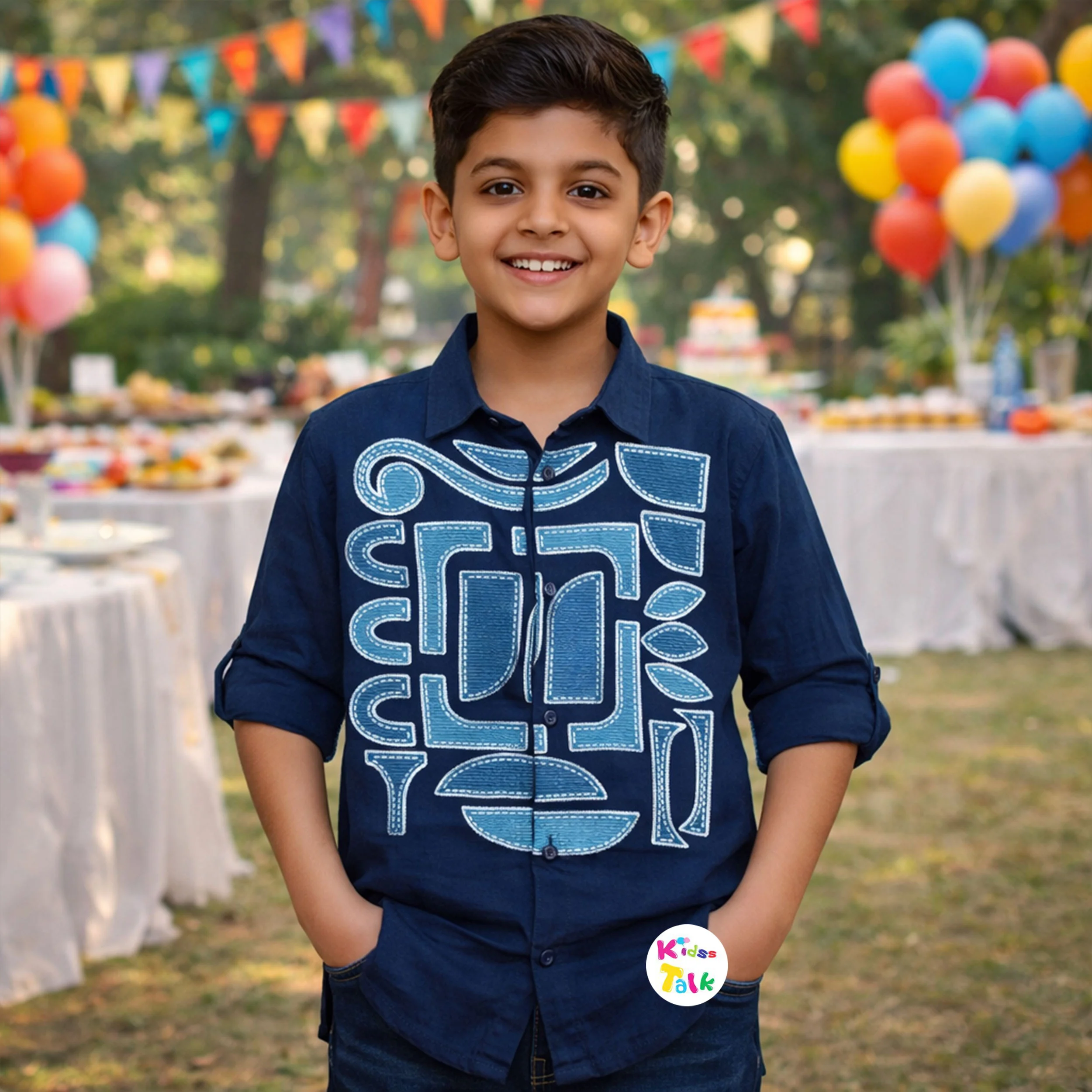 Cotton Full Sleeve Party Shirt With Embroidered - Navy Blue