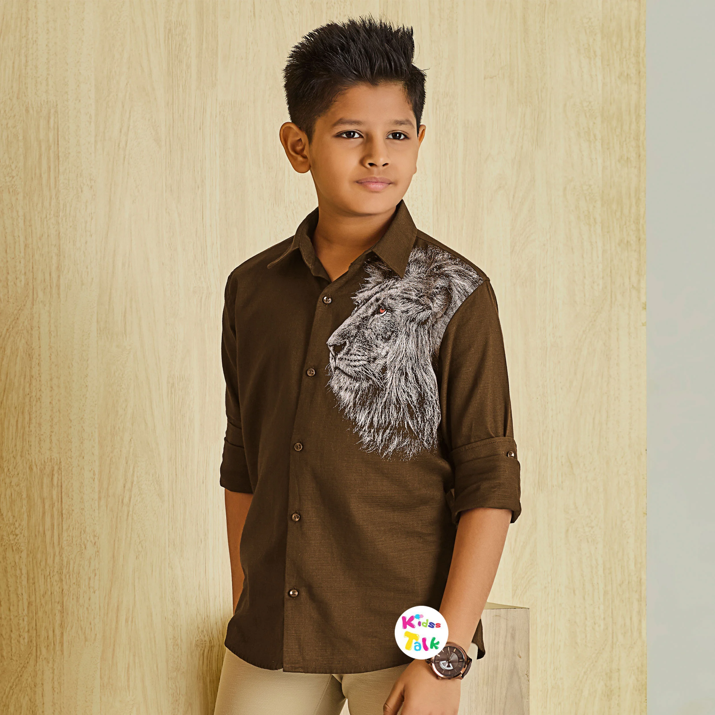 Premium Full Sleeve Party Shirt With One Side Printed - Brown