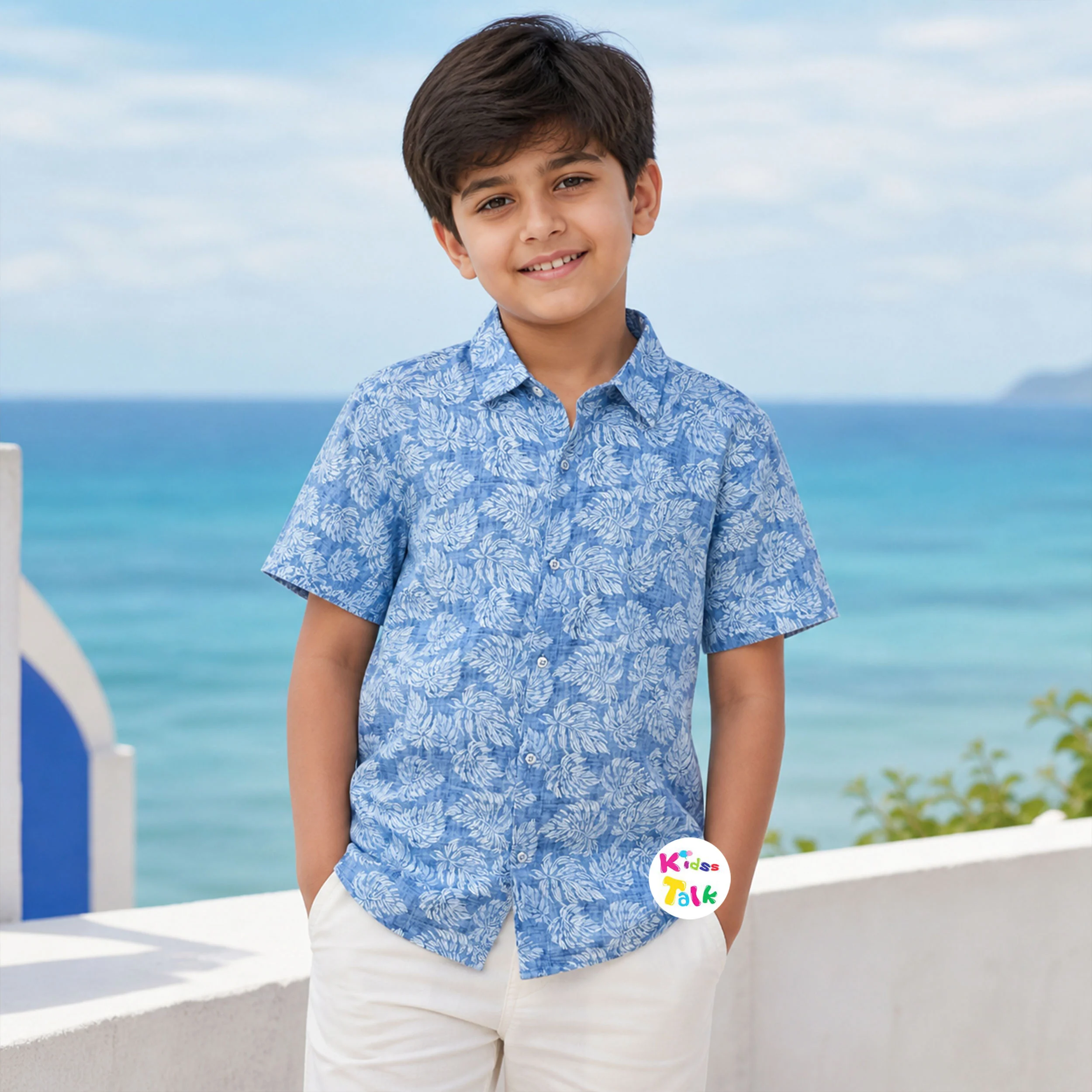 Muslin Half Sleeve Shirt With Cute Print - Blue