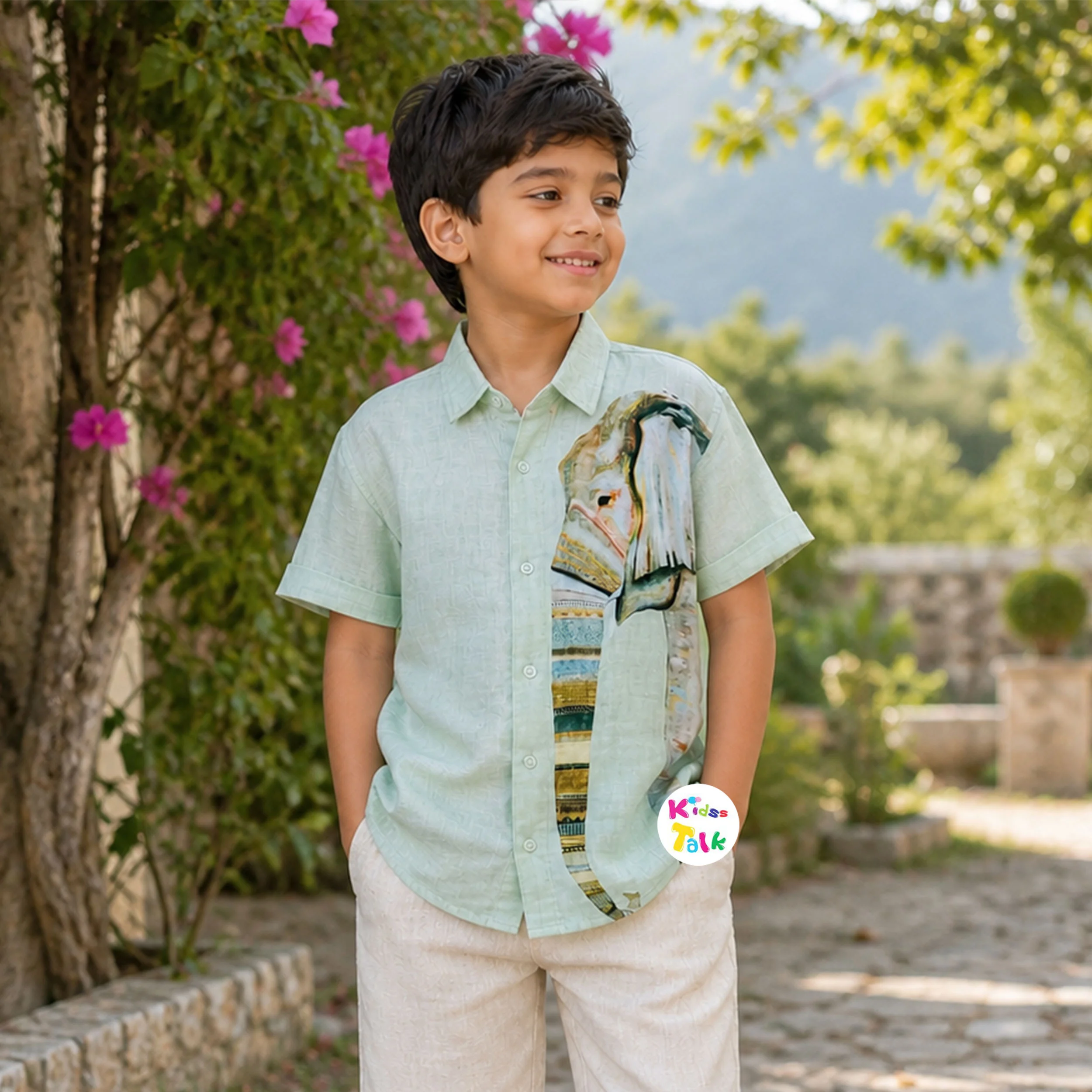 Muslin Half Sleeve Shirt With Cute Print - Olive Green