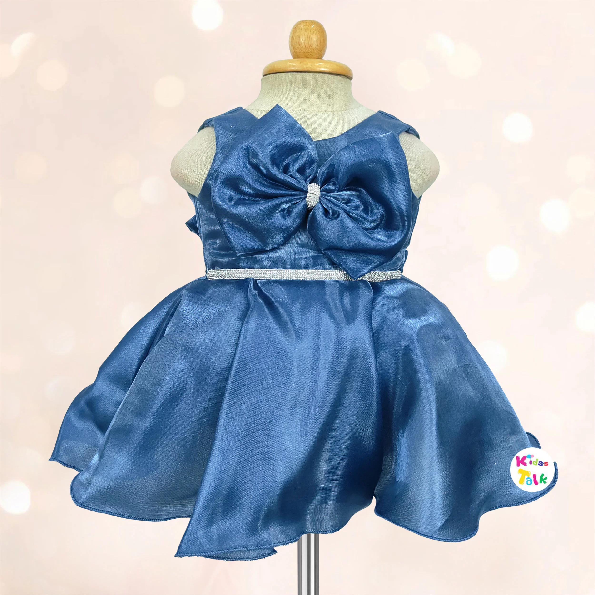 Satin Sleeveless Party Frock With Bow Applique - Blue