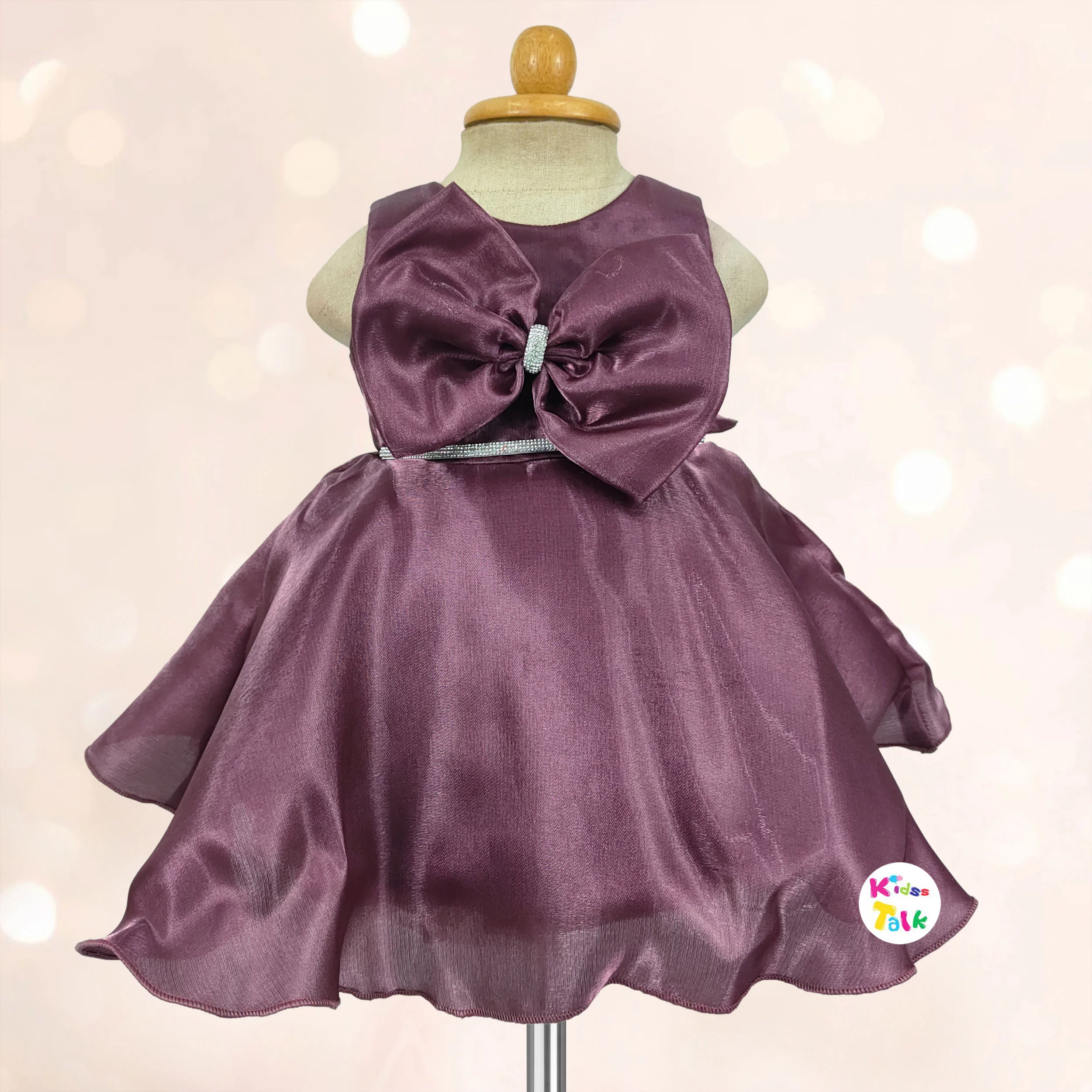 Satin Sleeveless Party Frock With Bow Applique - Wine