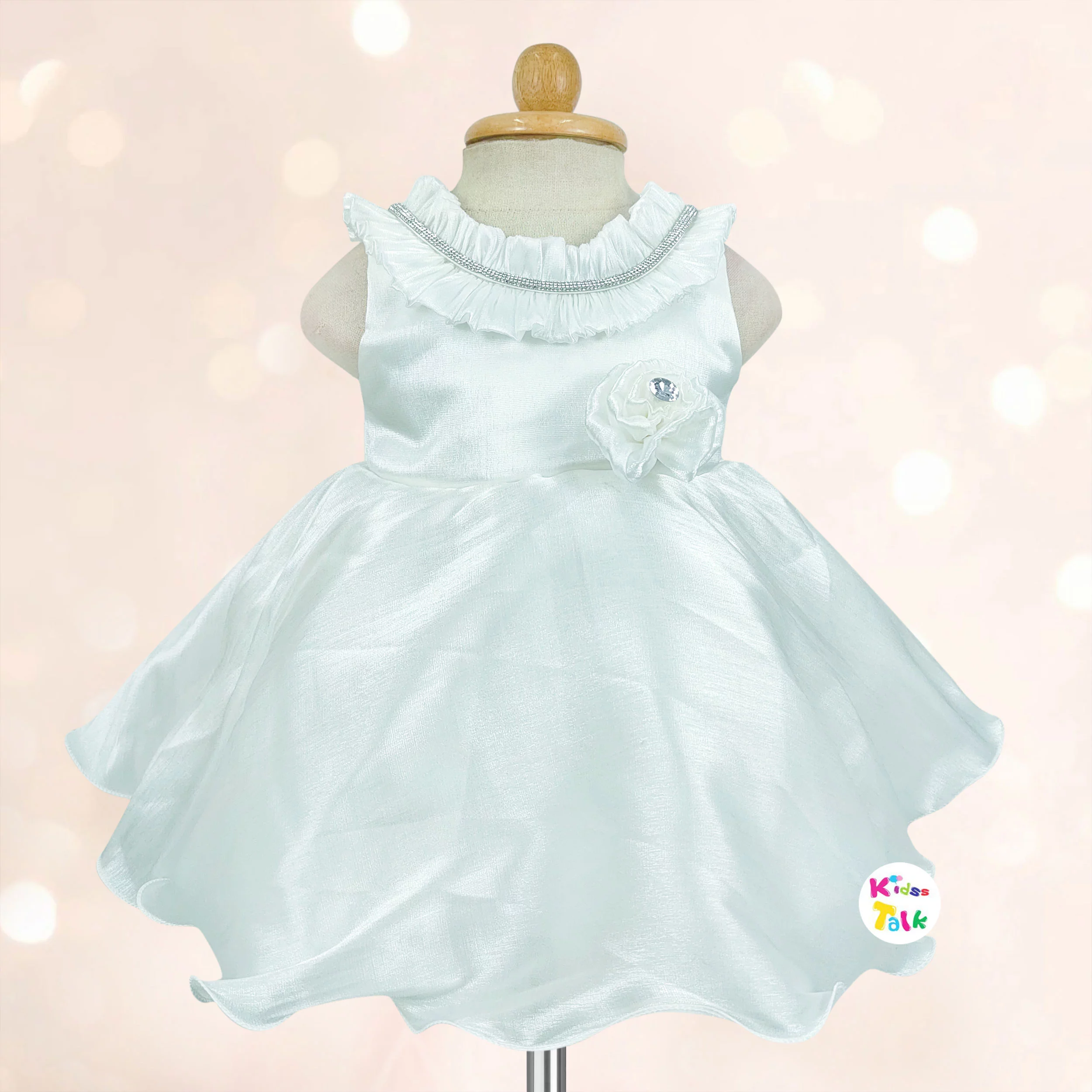 Satin Sleeveless Party Frock With Flower Applique - White