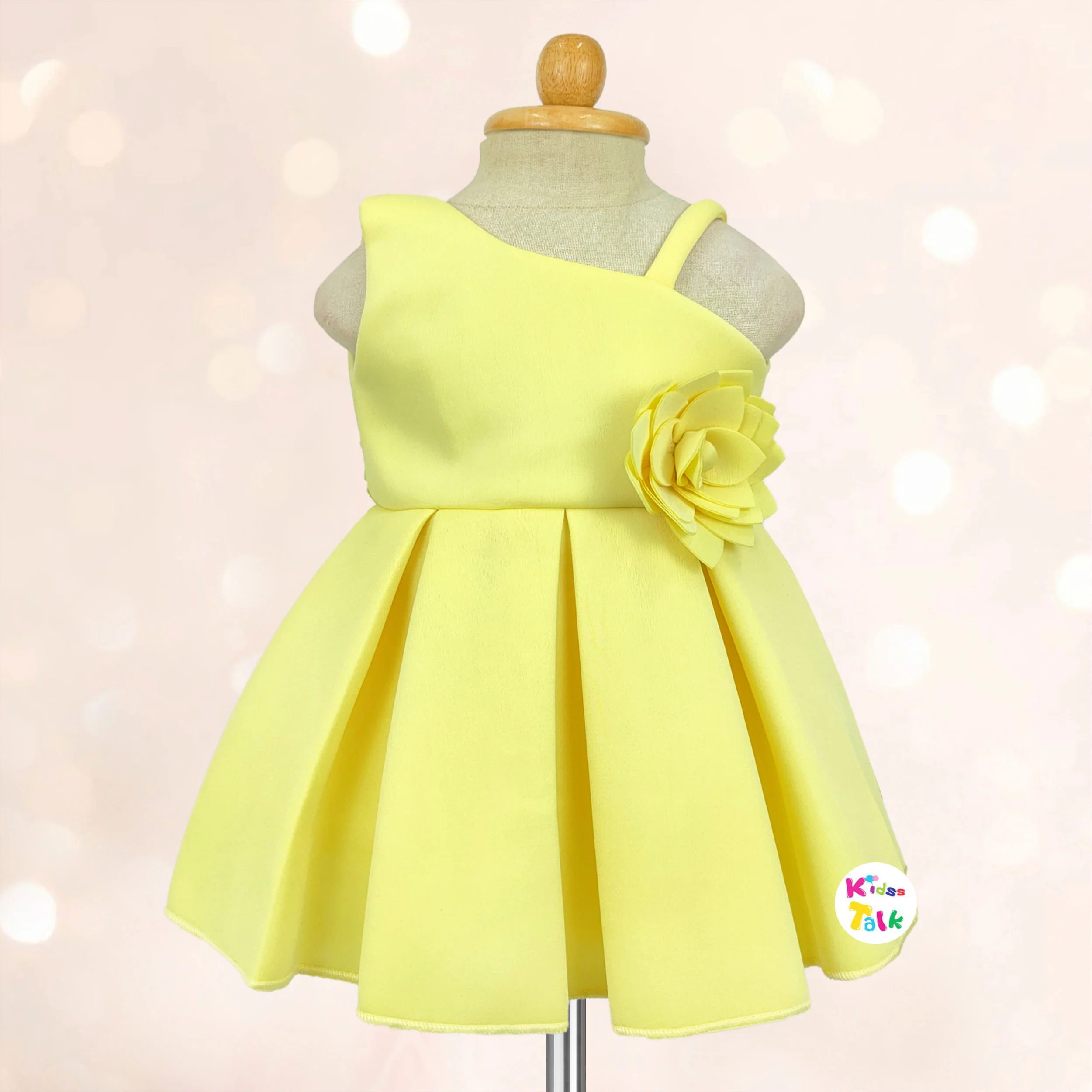 Scuba Sleeveless Party Frock With Flower Applique - Lemon Yellow