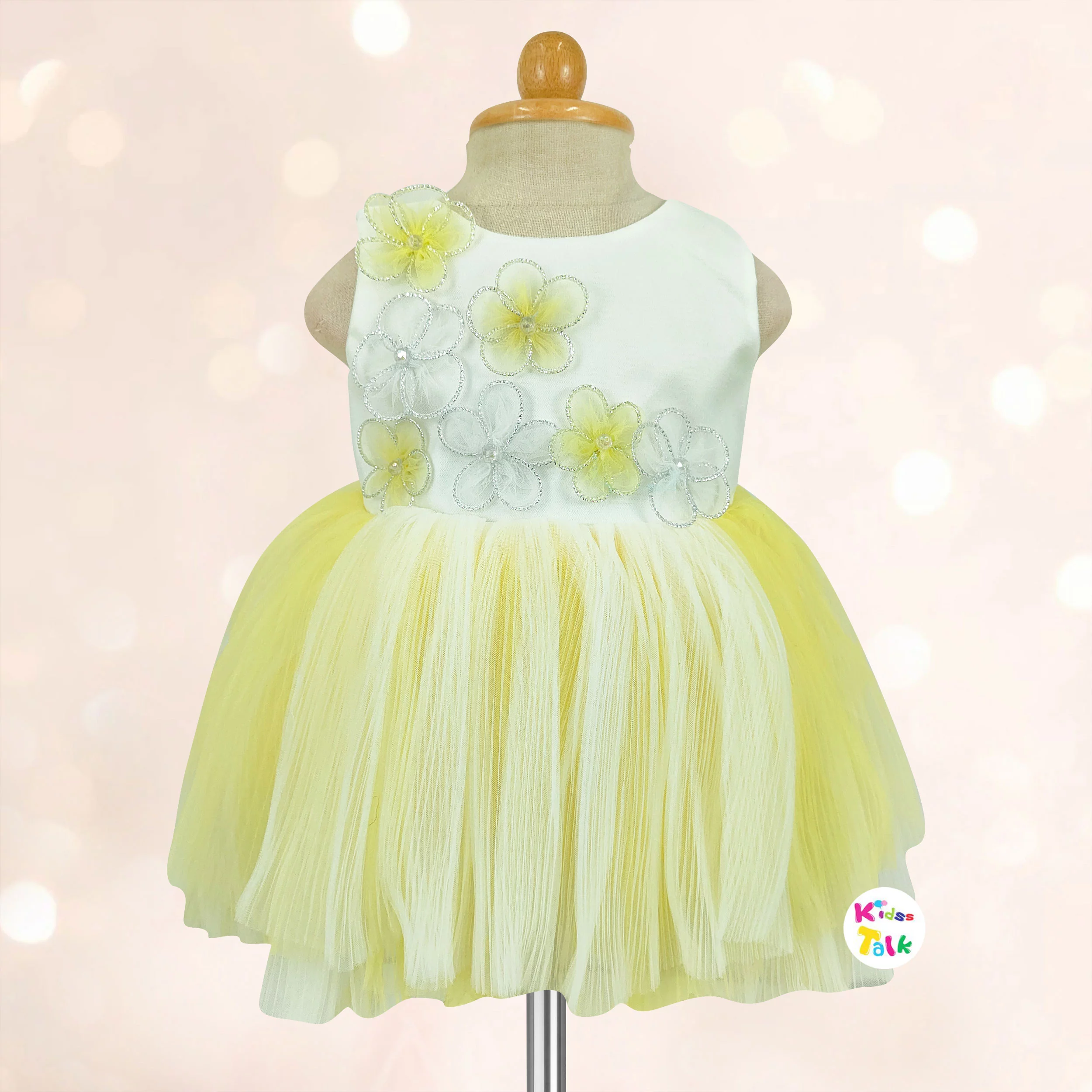 Net Sleeveless Party Frock With Flower Applique - Lemon Yellow