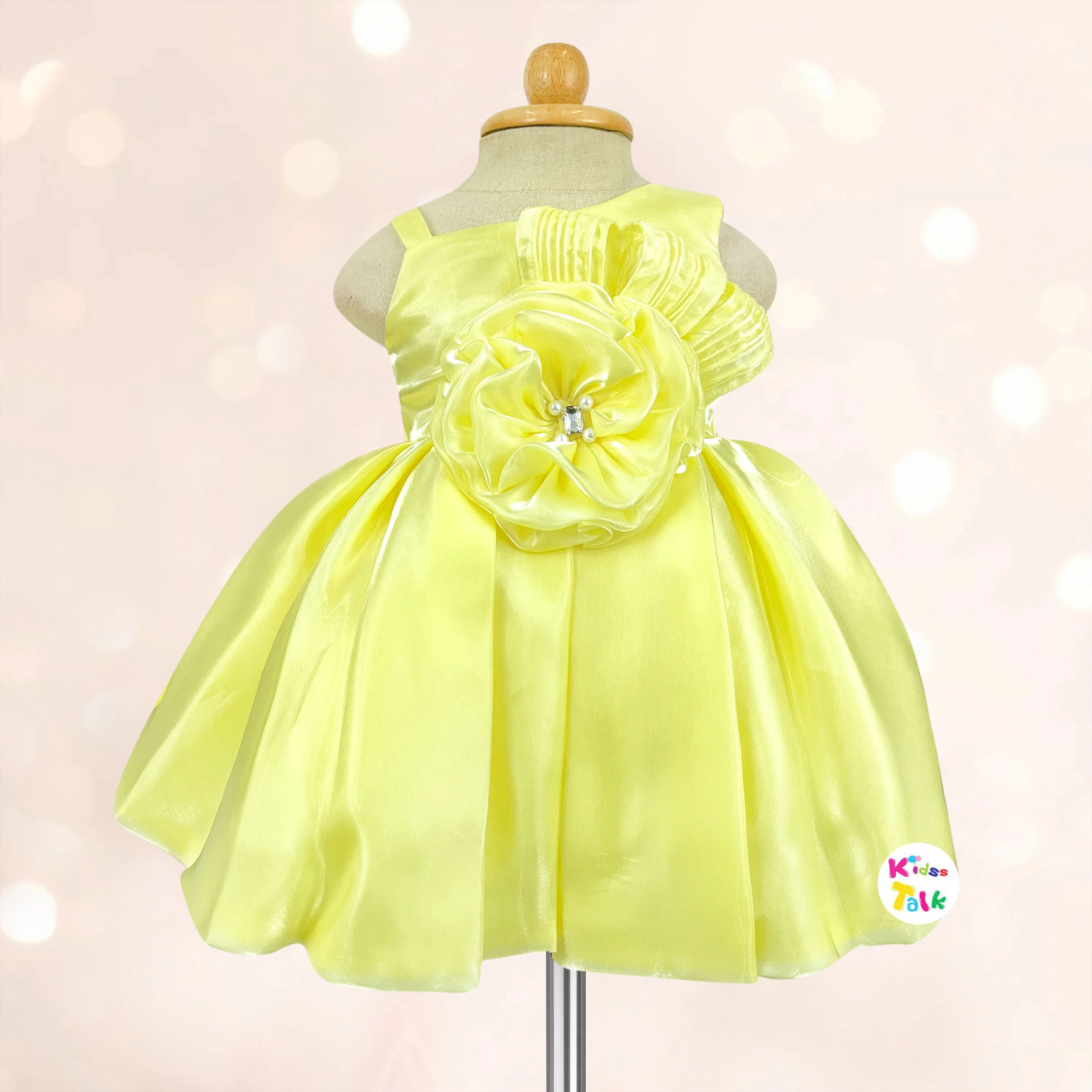 Satin Sleeveless Party Frock With Flower Applique - Lemon Yellow