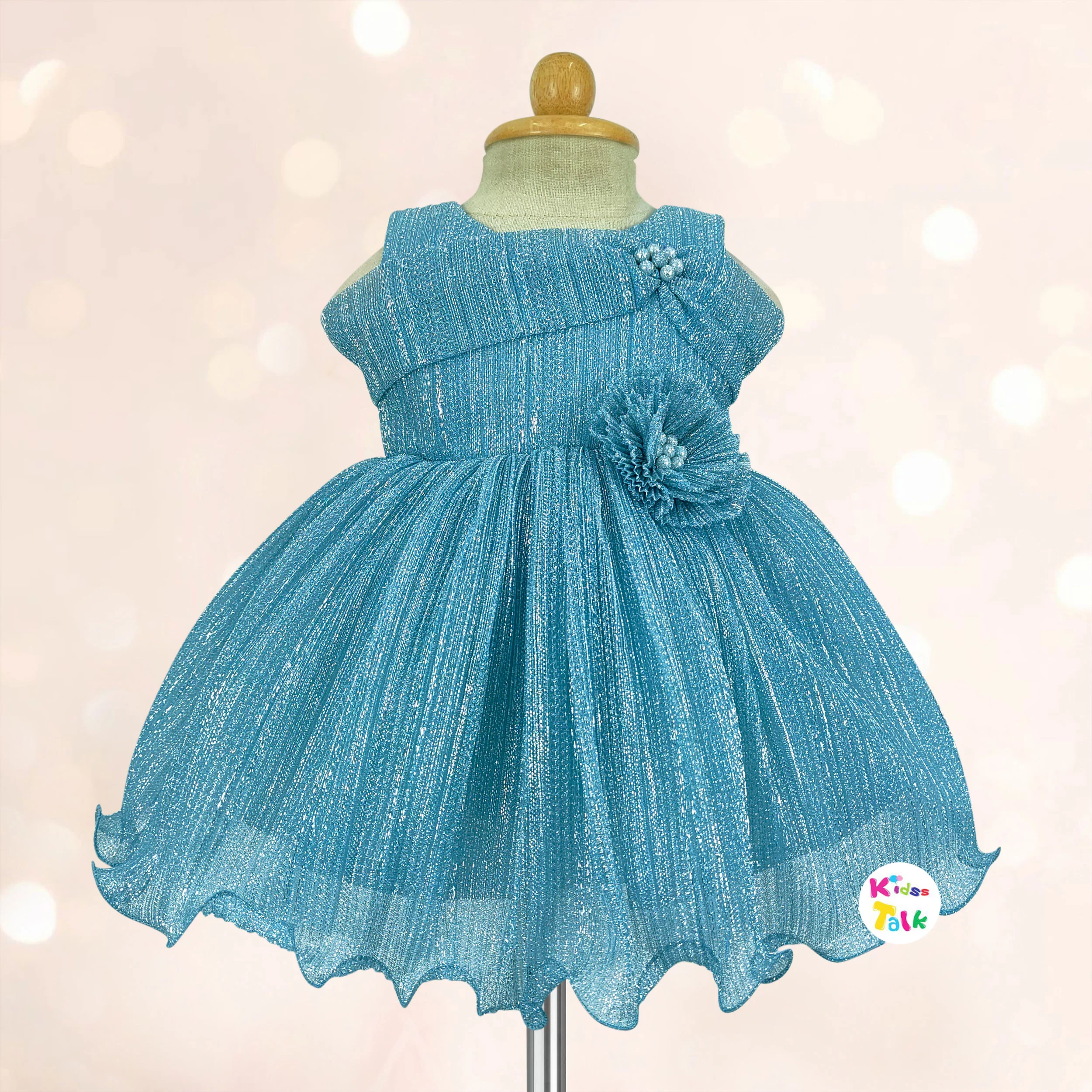 Shimmer Sleeveless Party Frock With Flower Applique - Ice Blue