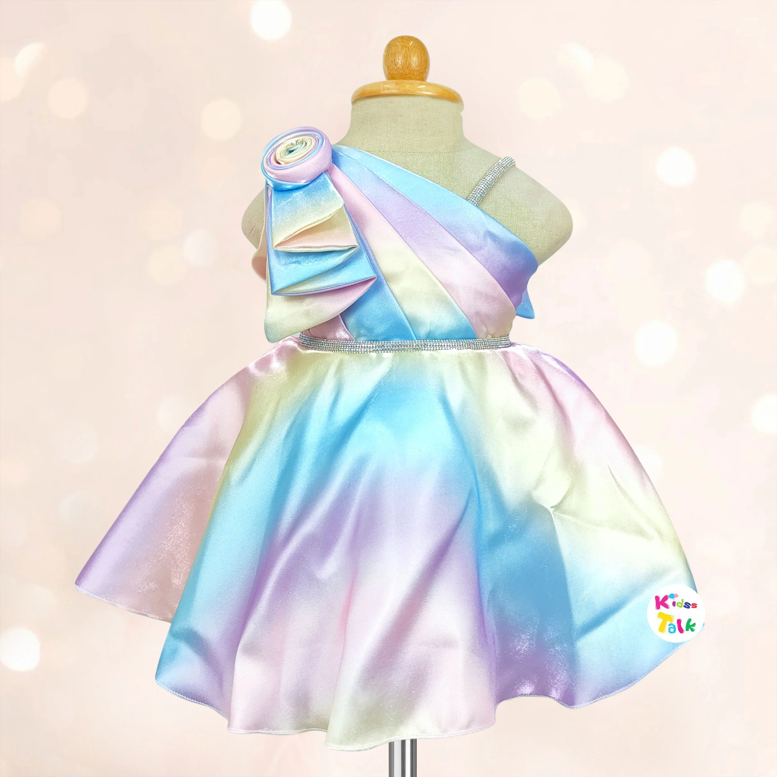 Satin Sleeveless Party Frock With Flower Applique - Multicolour