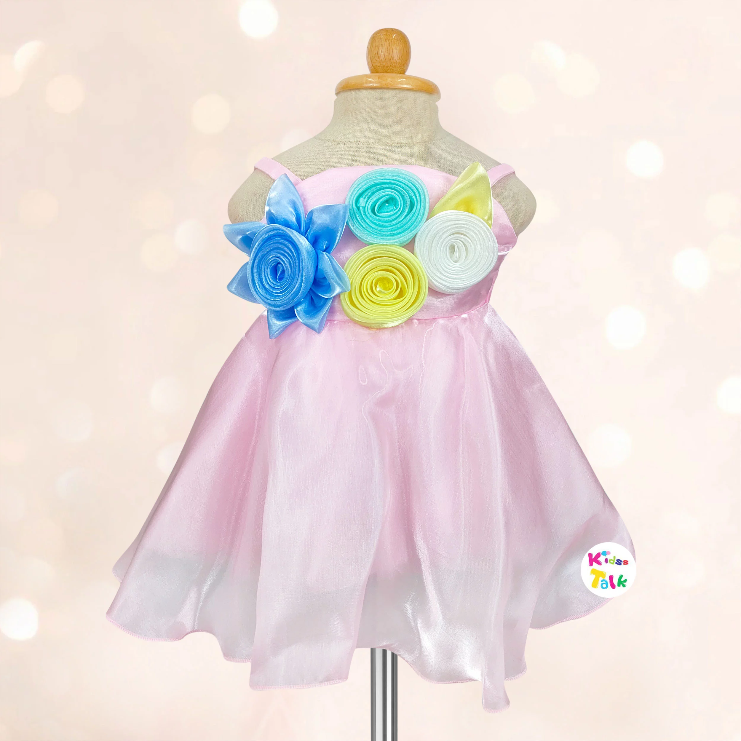Satin Sleeveless Party Frock With Flower Applique - Baby Pink