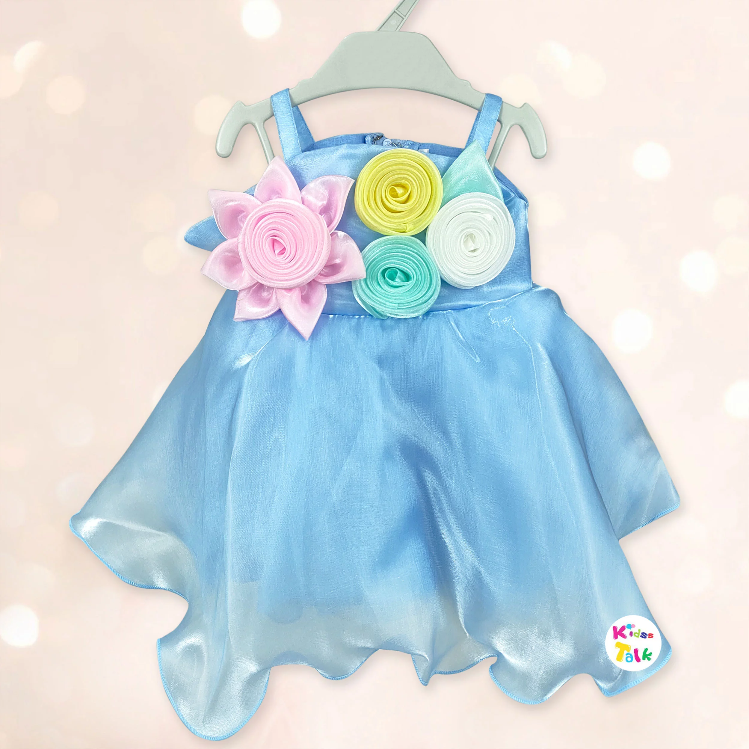 Satin Sleeveless Party Frock With Flower Applique - Ice Blue