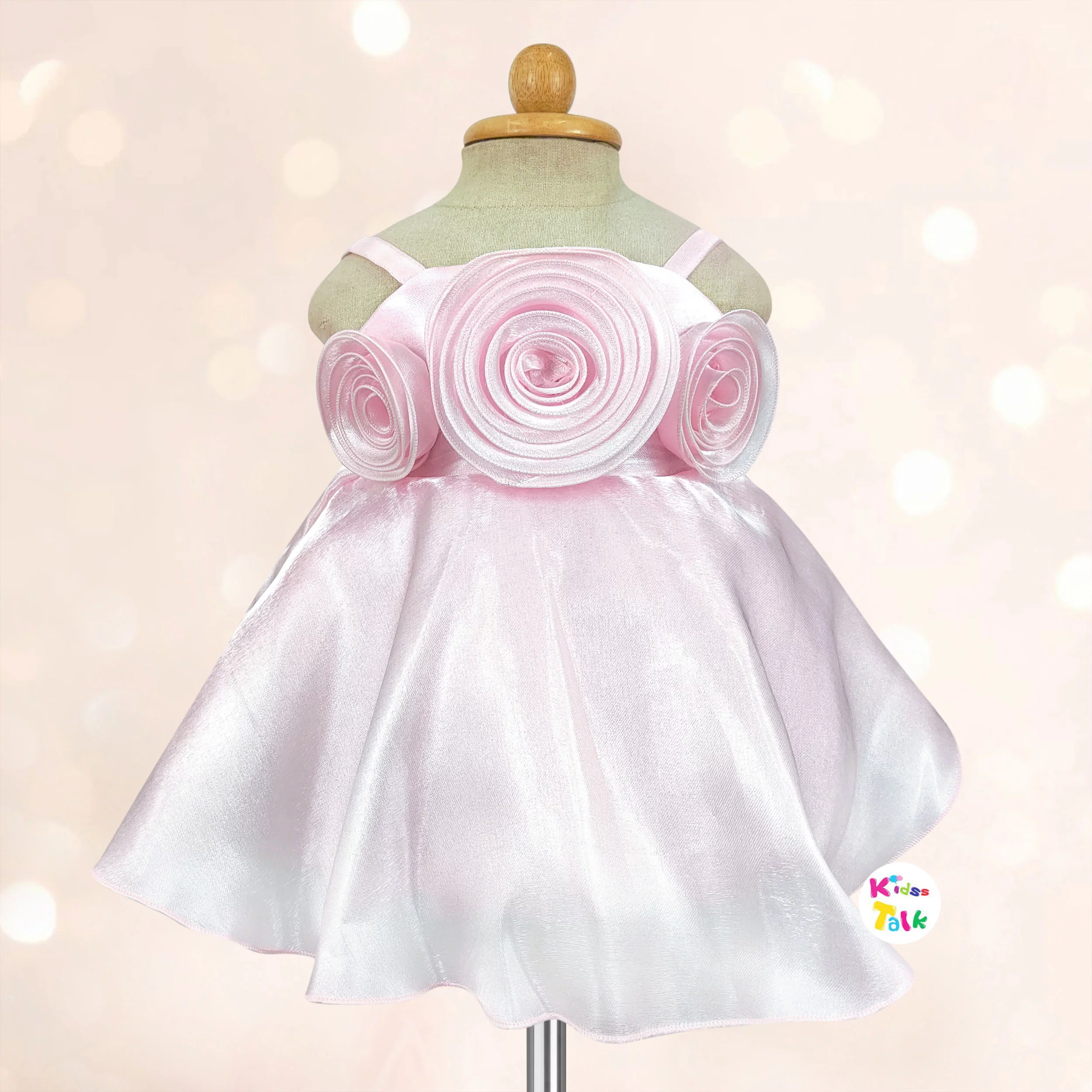 Satin Sleeveless Party Frock With Flower Applique - Baby Pink