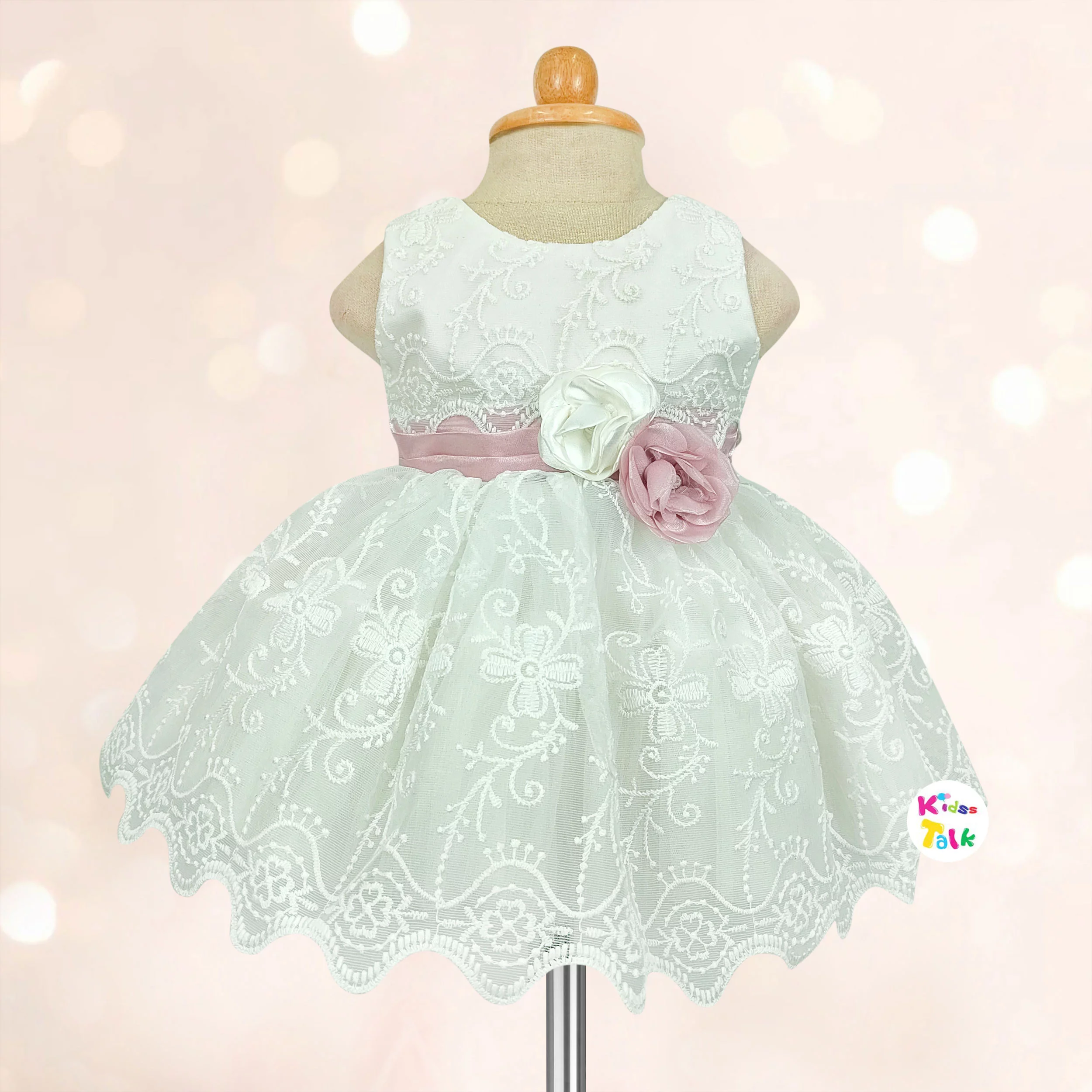 Net Sleeveless Party Frock With Flower Applique - White