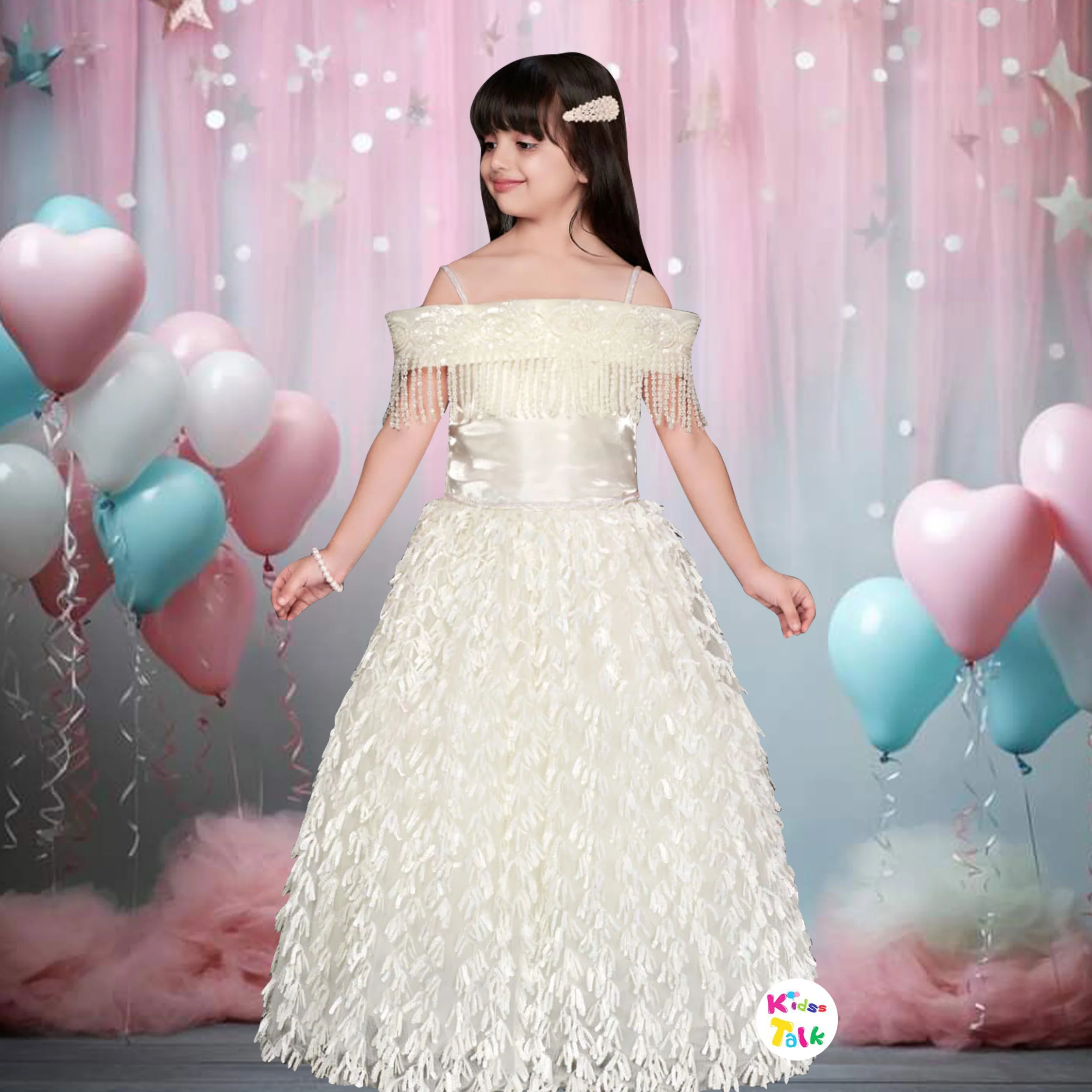 Satin Sleeveless Party Gown With Sequins Applique - White