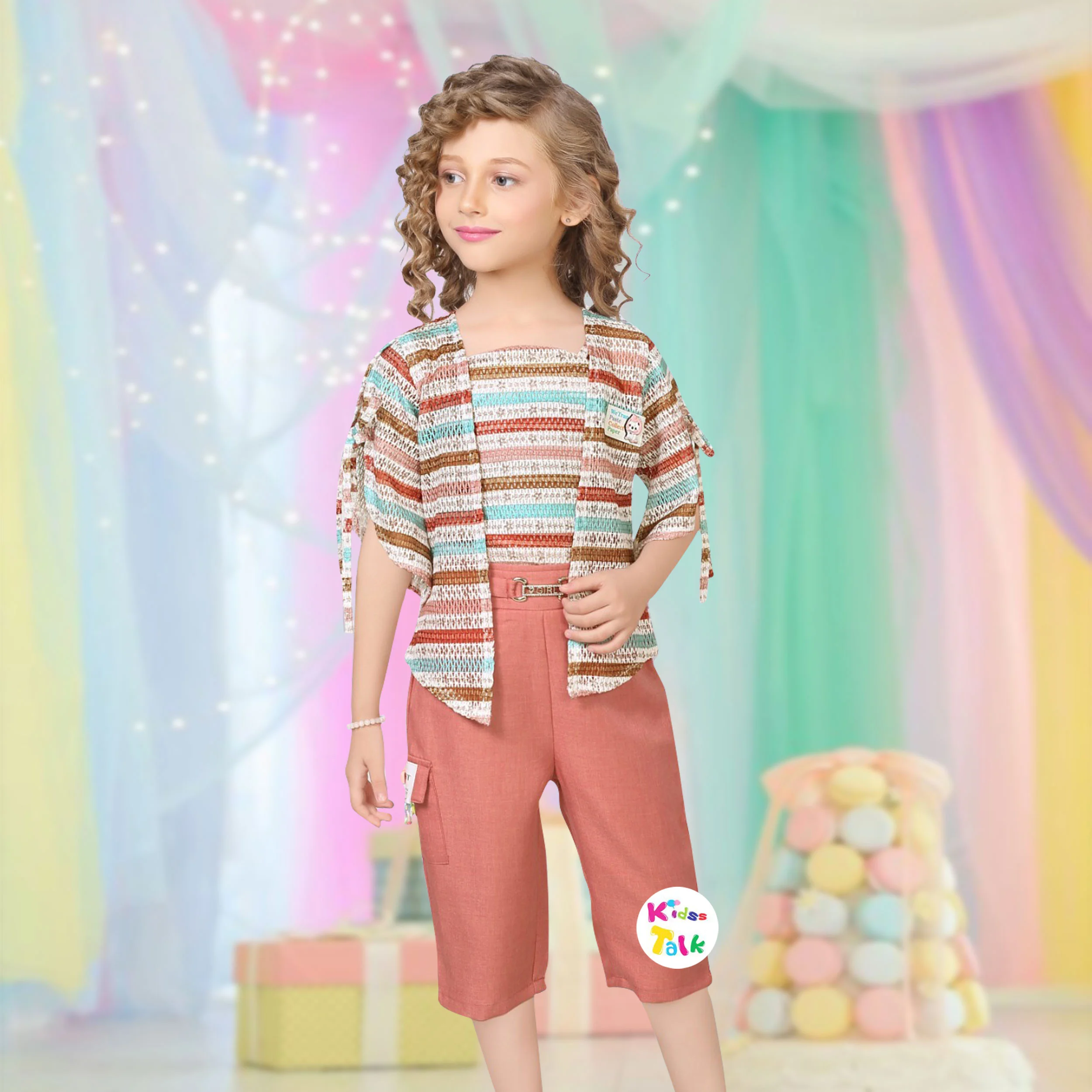 Cotton Knitted Sleeveless Top With Jacket & Culottes - Brown