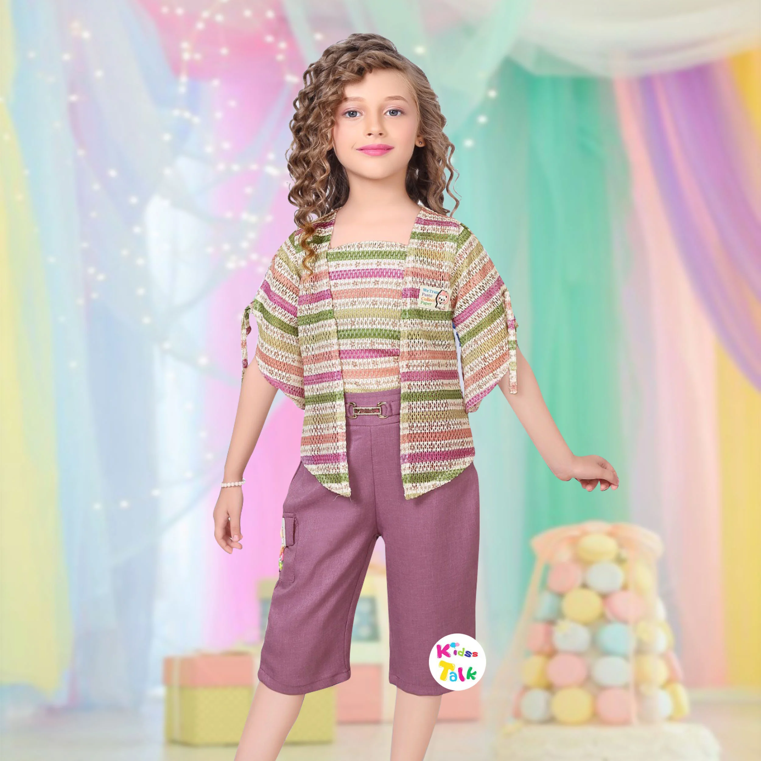 Cotton Knitted Sleeveless Top With Jacket & Culottes - Purple