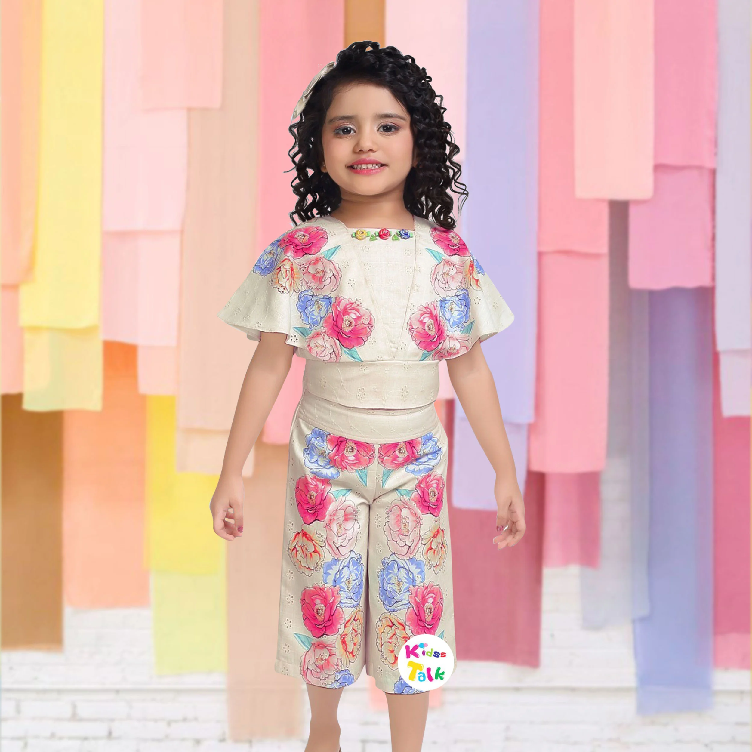 Cotton Half Sleeve Culottes Set With Floral Printed - Baby Pink