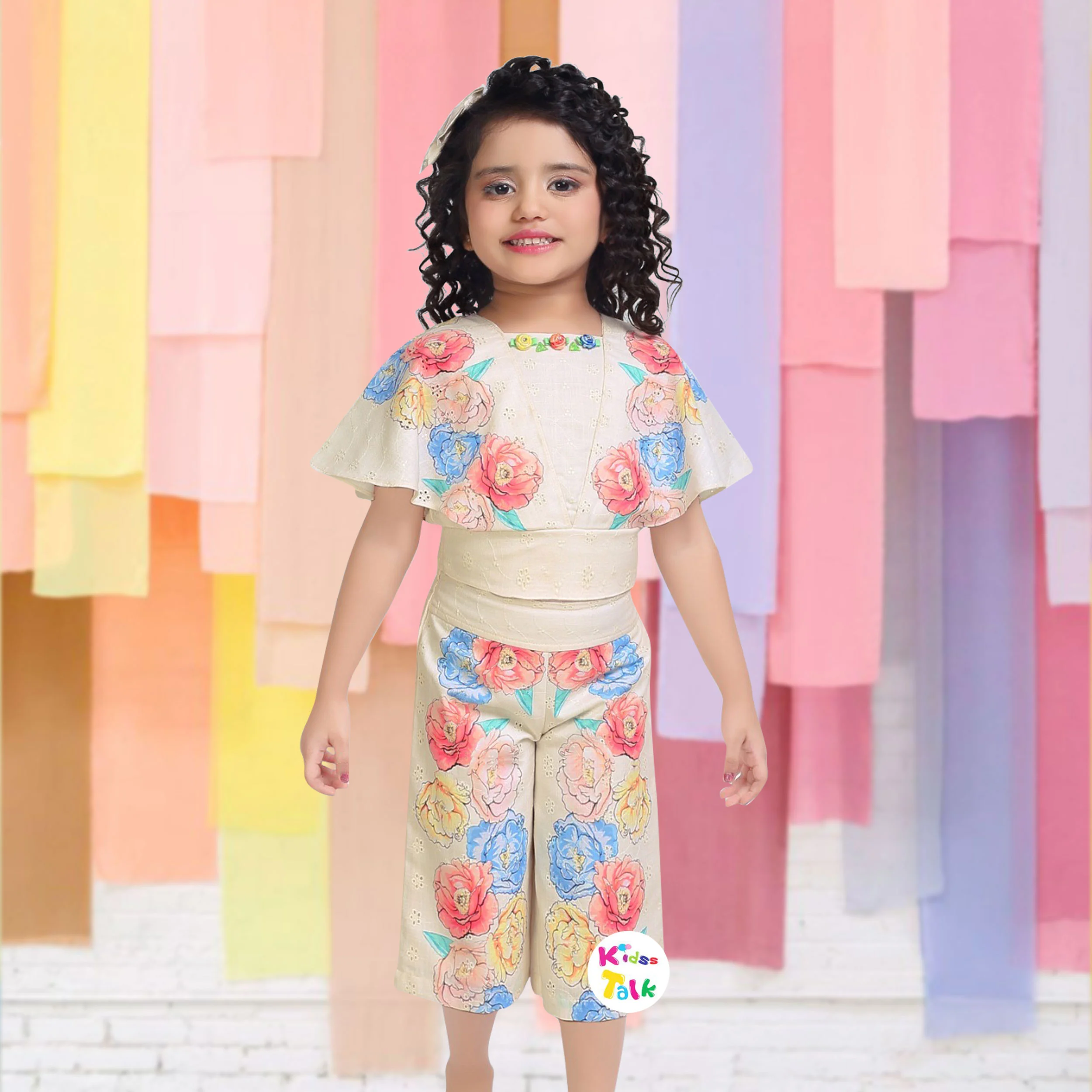 Cotton Half Sleeve Culottes Set With Floral Printed - Tomato Red