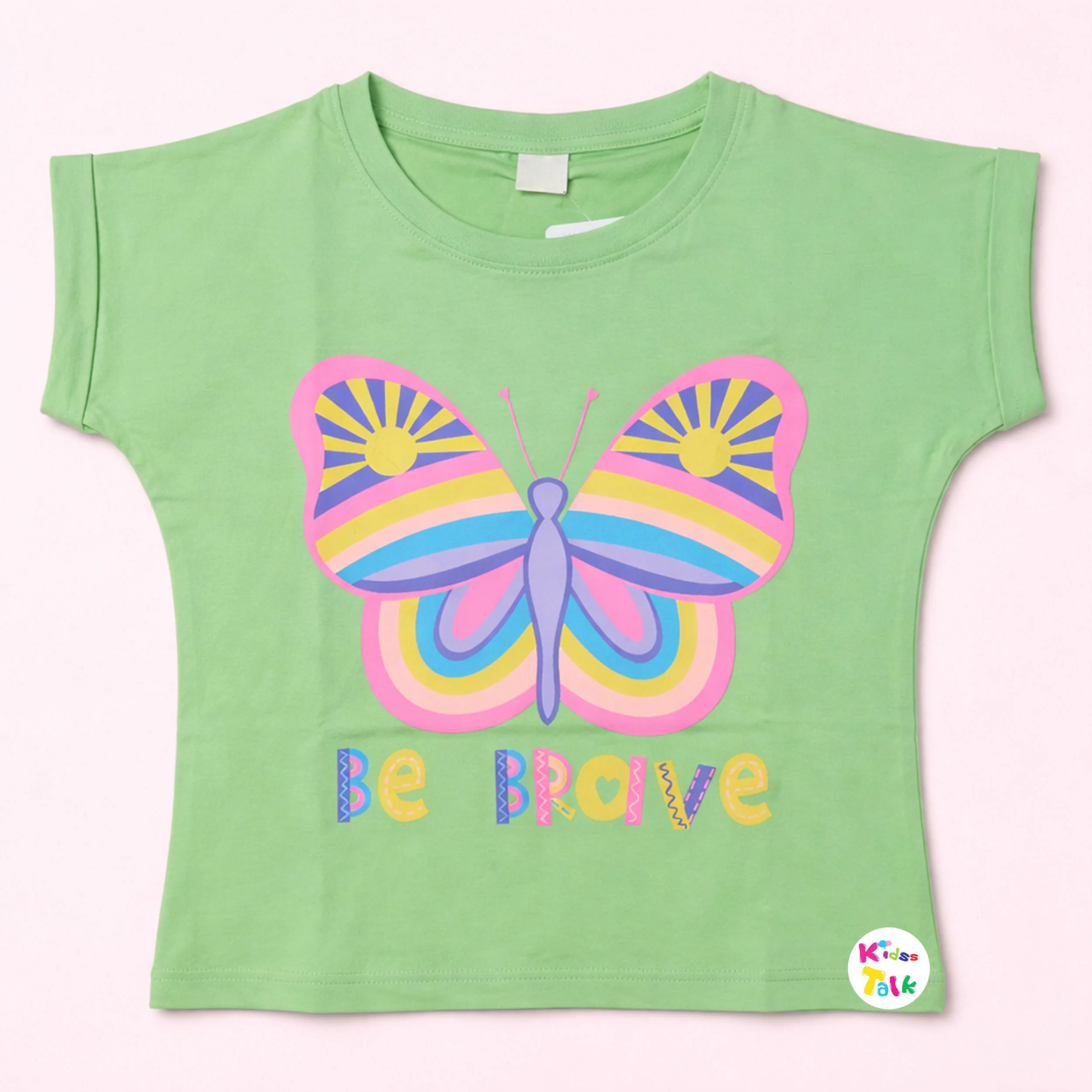 Cotton Knitted Half Sleeve Tees With Cute Print - Pista Green