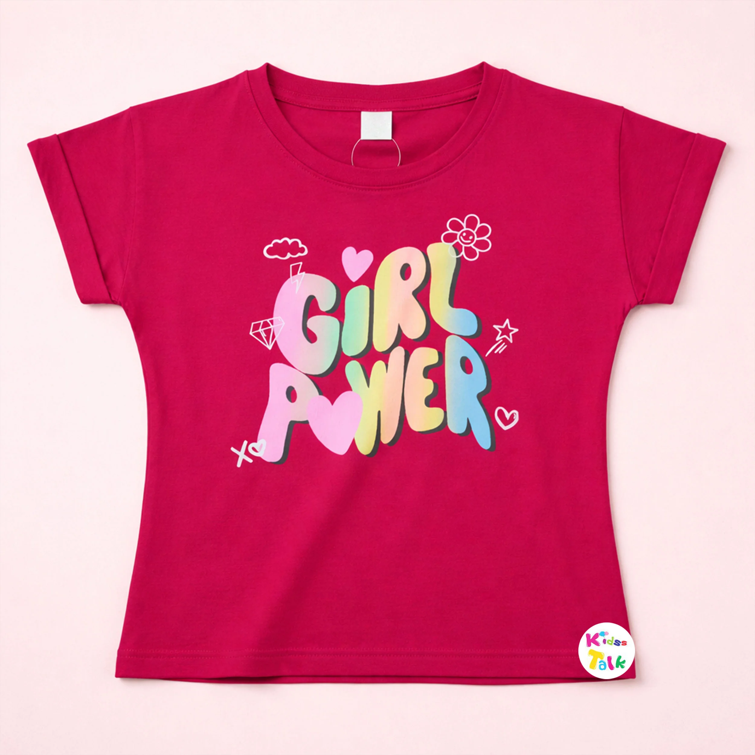 Cotton Knitted Half Sleeve Tees With Cute Print - Hot Pink