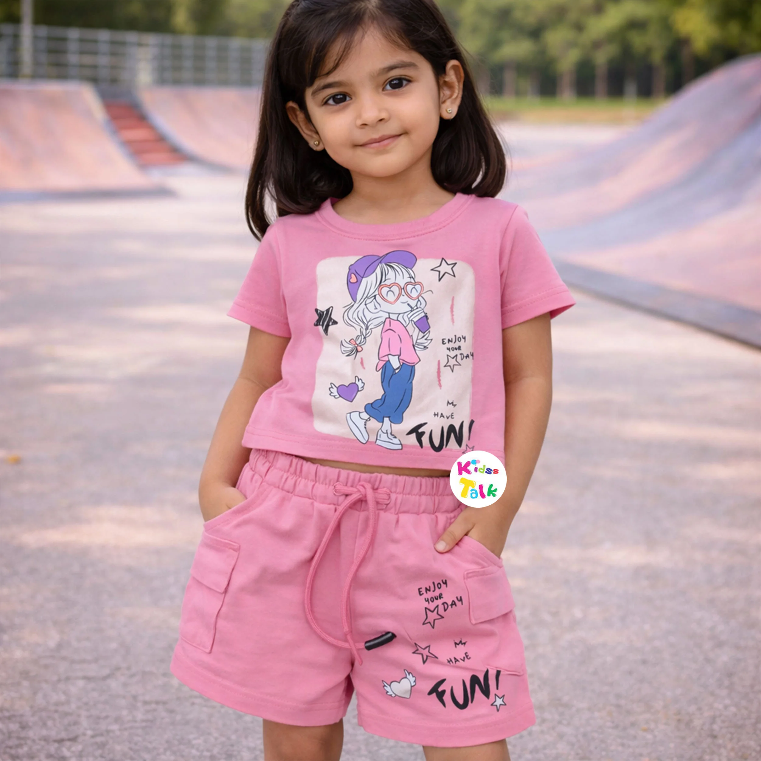 Cotton Knitted Half Sleeve T-shirt Set With Cute Printed - Baby Pink