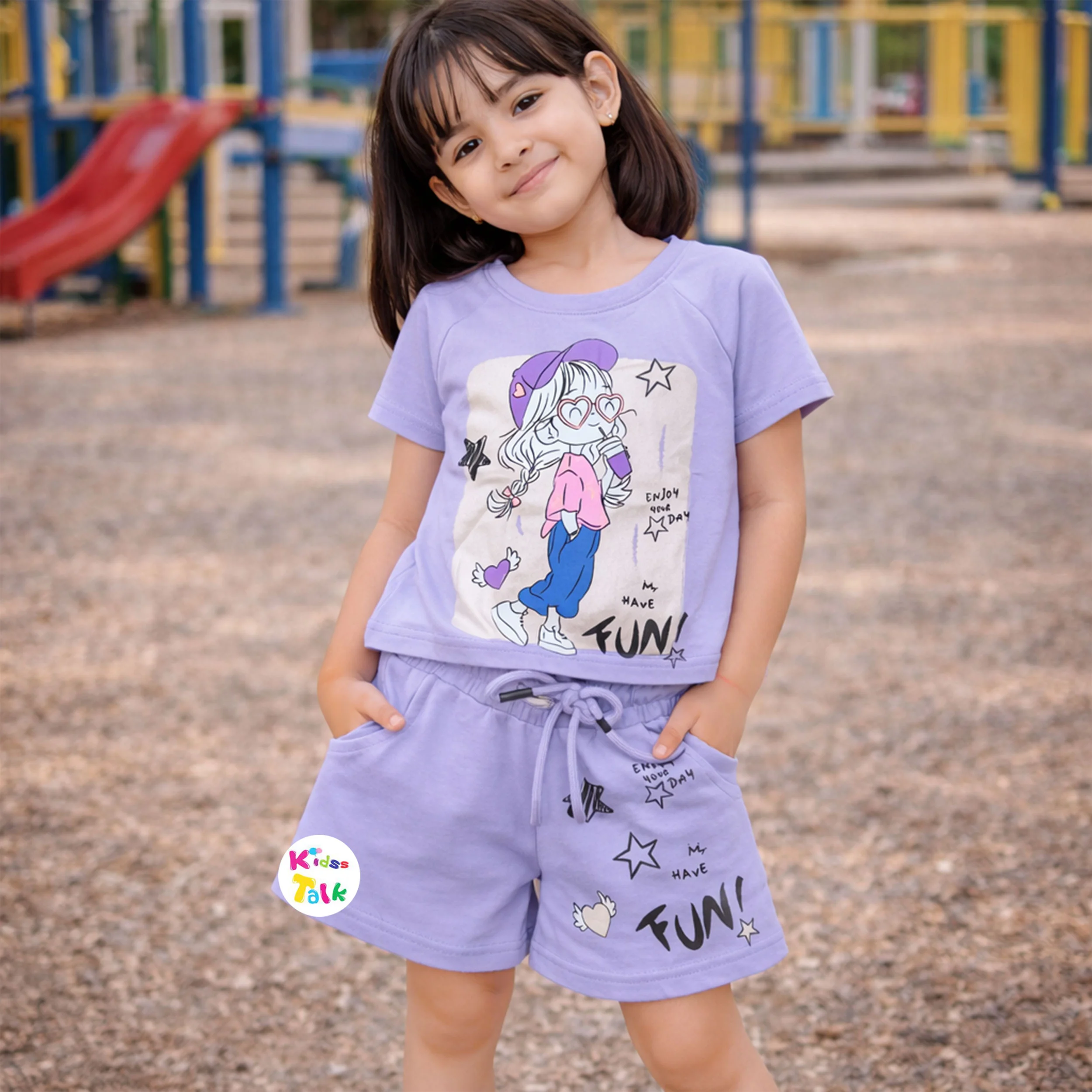 Cotton Knitted Half Sleeve T-shirt Set With Cute Printed - Lavender