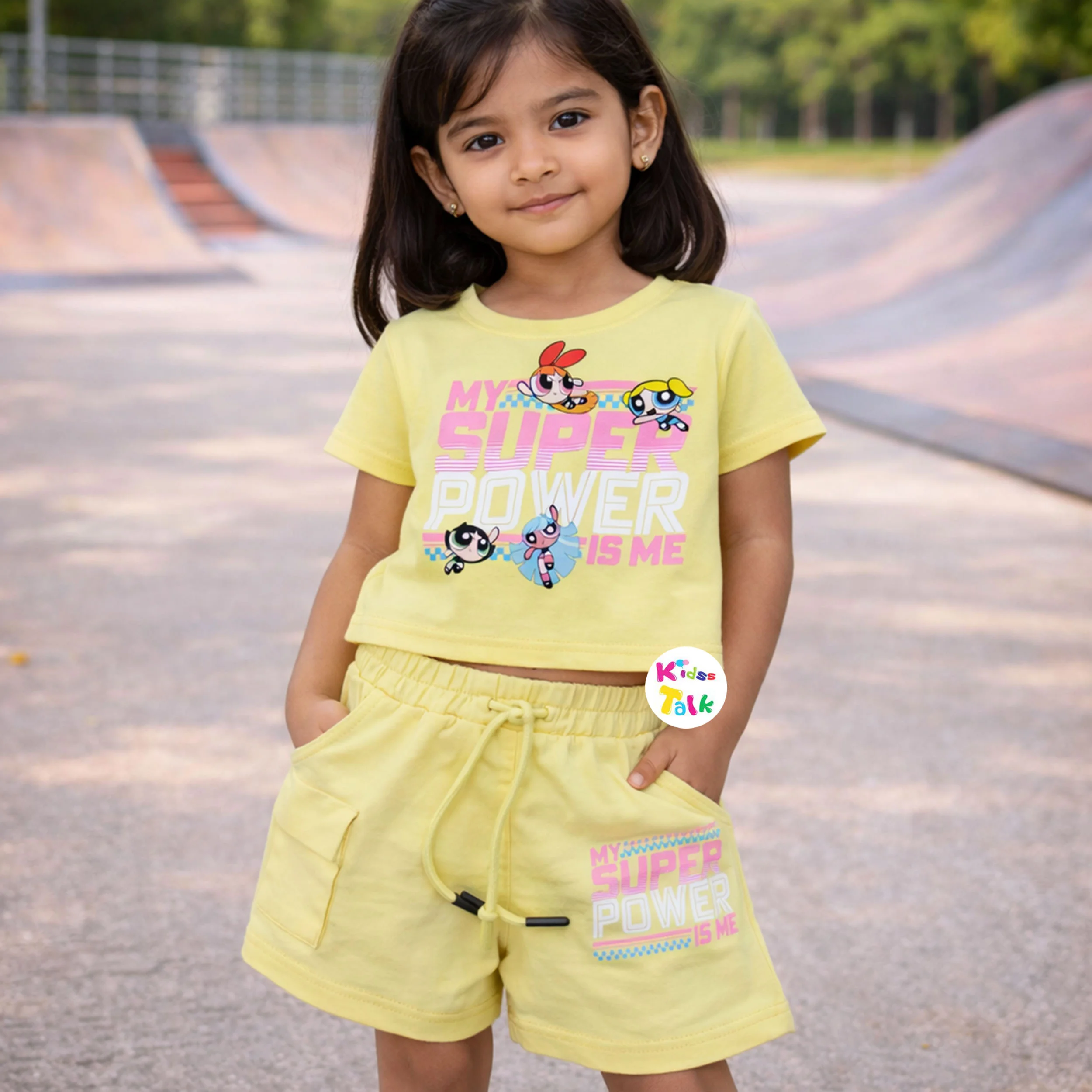 Cotton Knitted Half Sleeve T-shirt Set With Cute Printed - Lemon Yellow