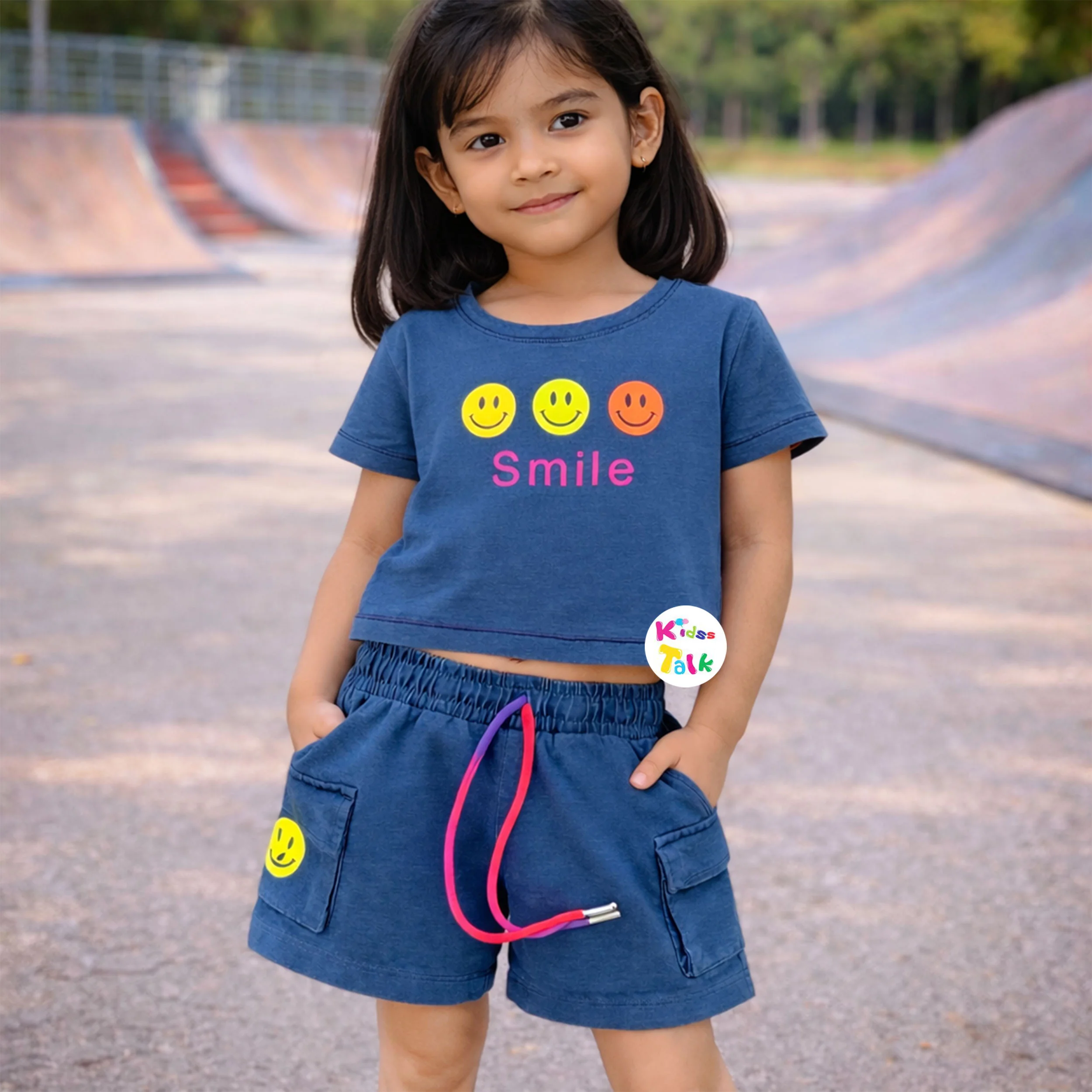 Denim Half Pant Set With Cute Print - Denim Blue