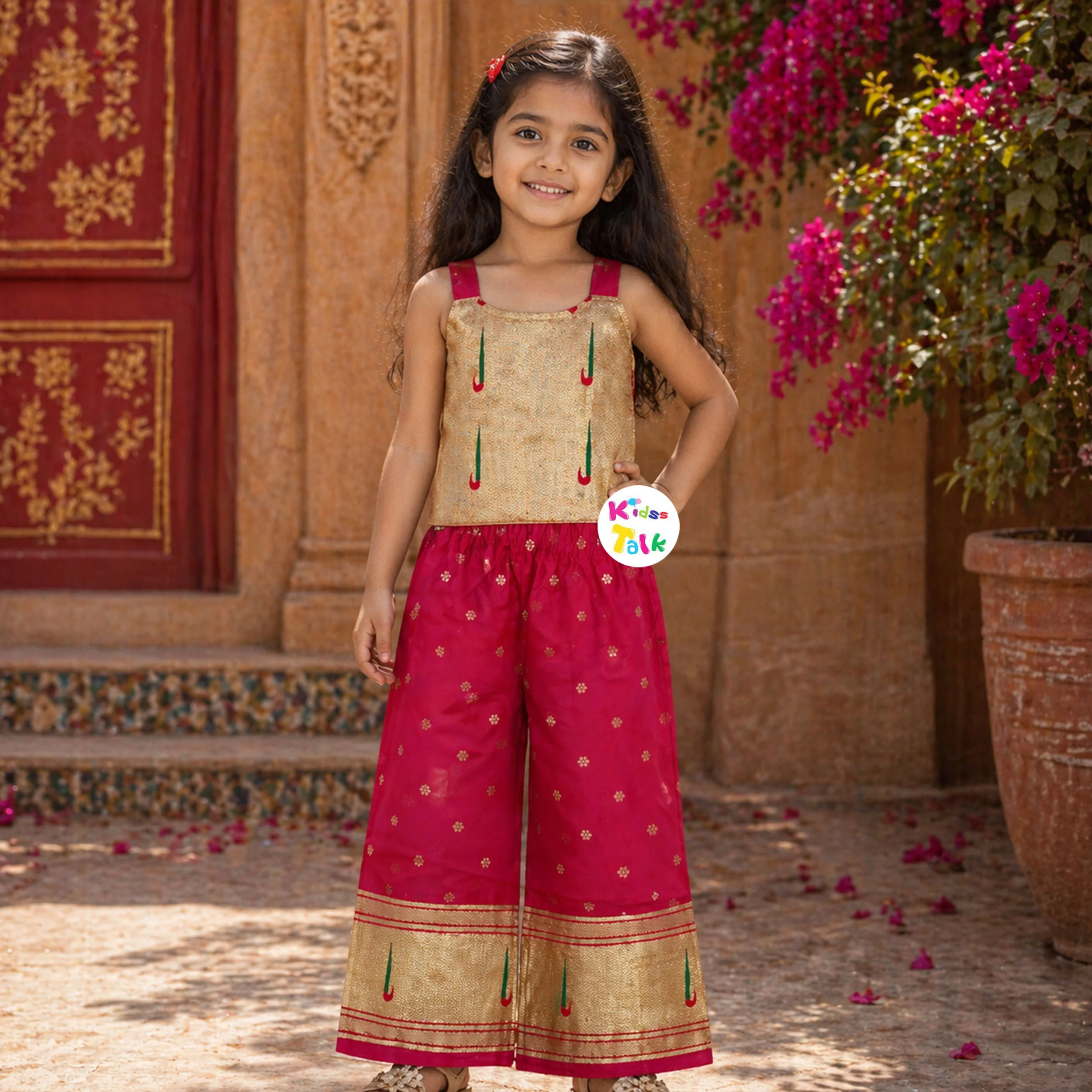 Silk Sleeveless Top With Zardhosi Work & Gharara - Hot Pink