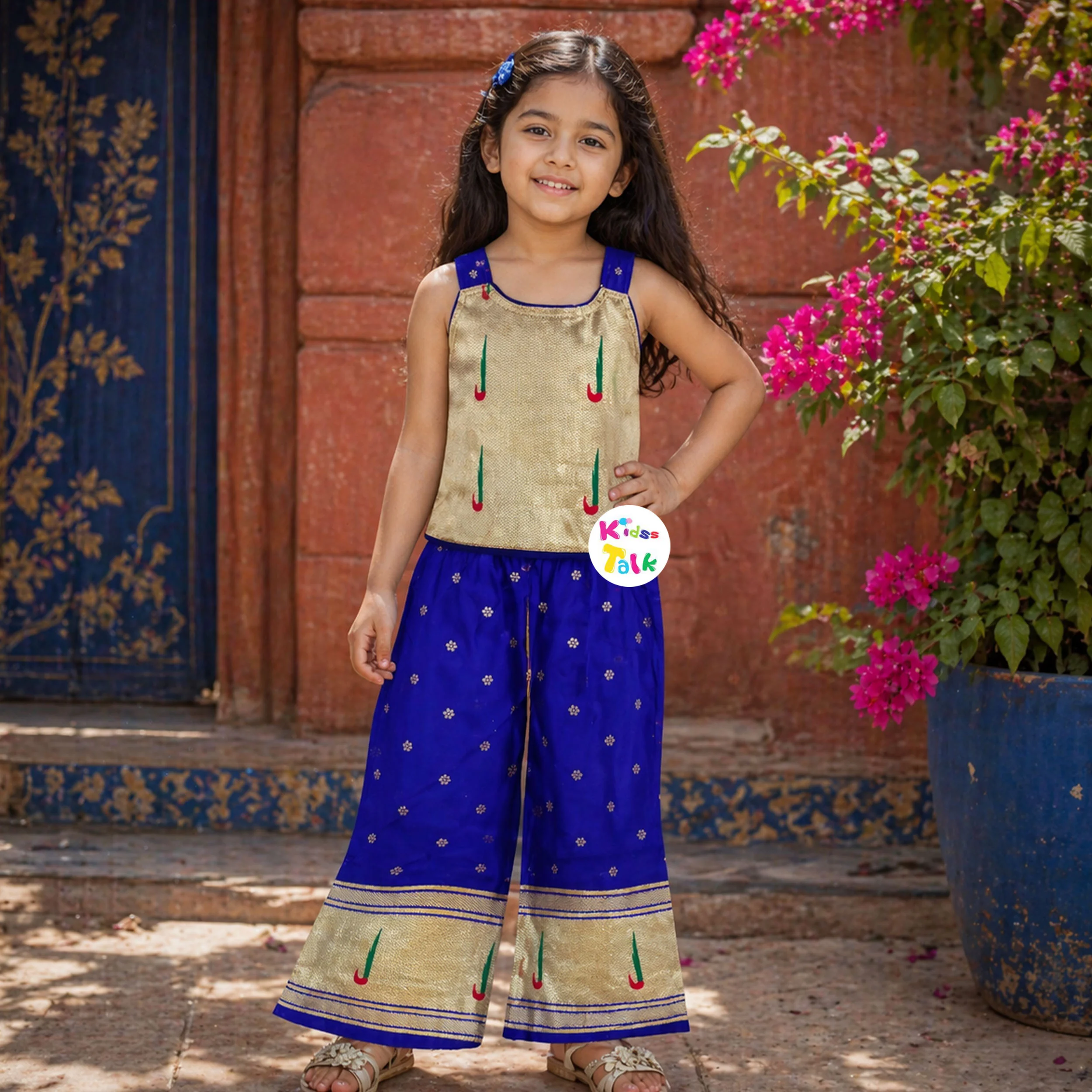 Silk Sleeveless Top With Zardhosi Work & Gharara - Blue