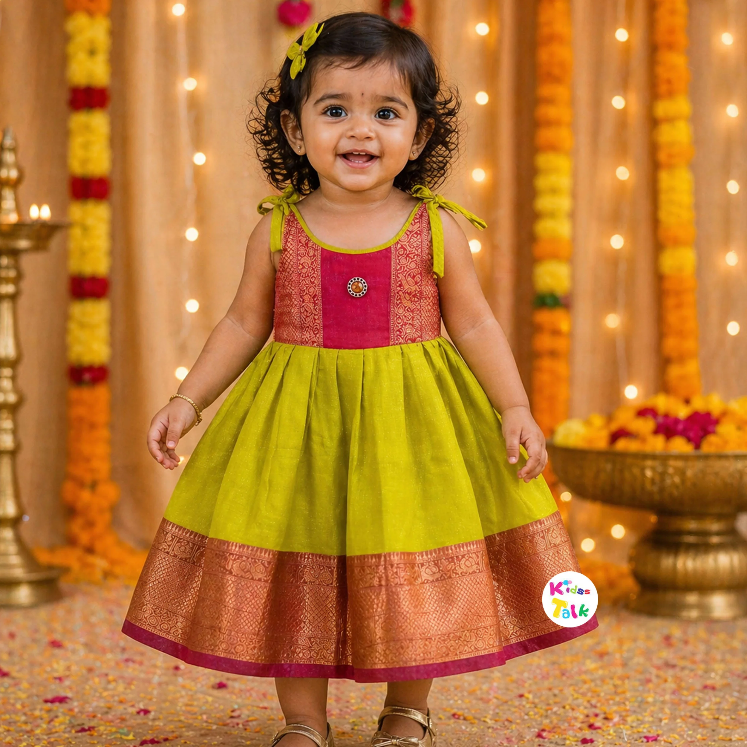 Silk Sleeveless Ethnic Frock With Zardhoti Work - Lemon Yellow