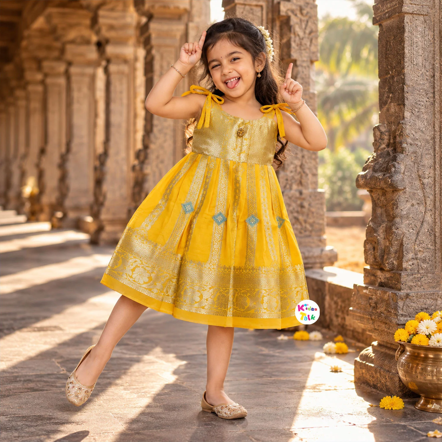 Silk Cotton Sleeveless Ethnic Frock With Zardhoti Work - Lemon Yellow