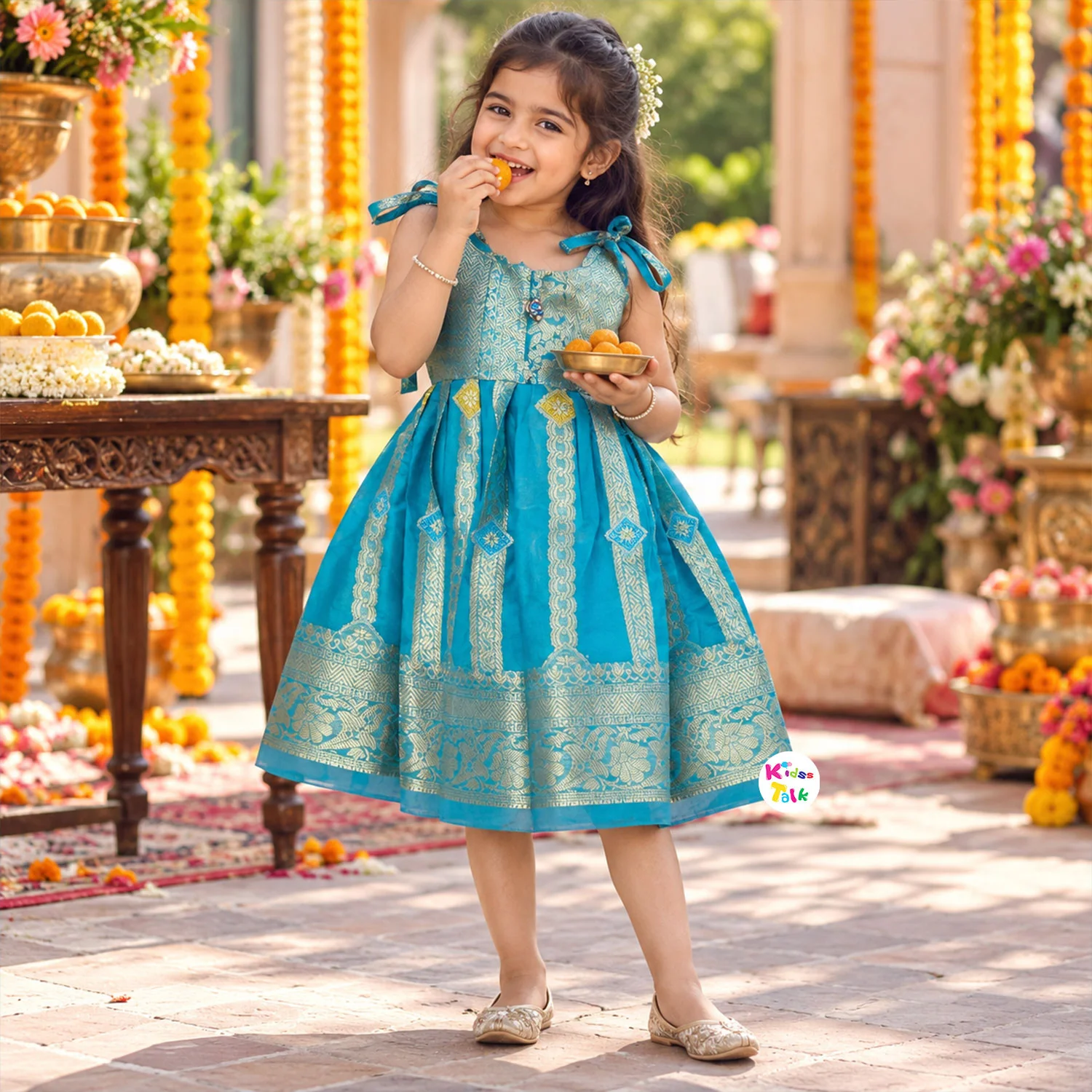 Silk Cotton Sleeveless Ethnic Frock With Zardhoti Work - Turquoise