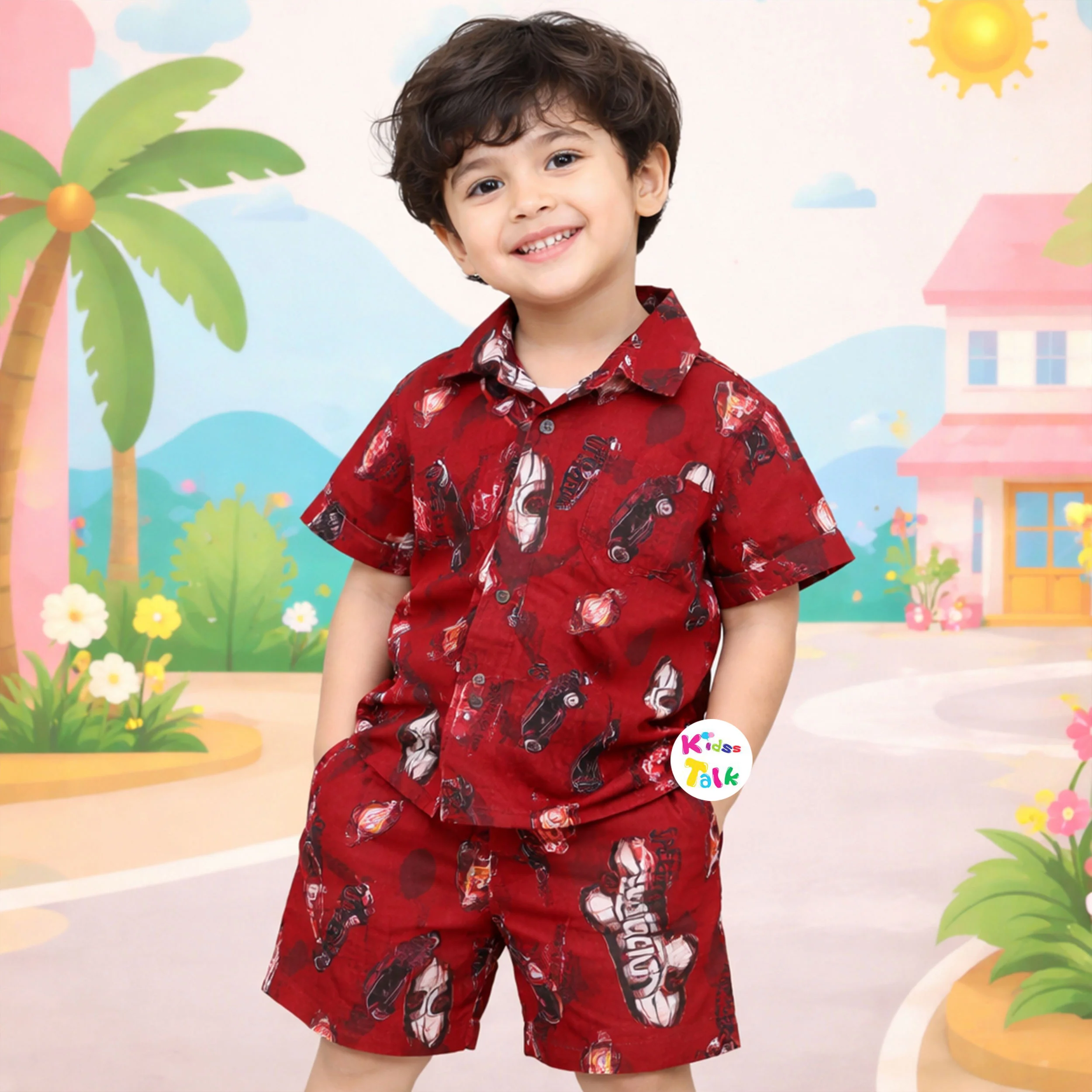 Cotton Half Sleeve Half Pant Set With Cute Print - Maroon