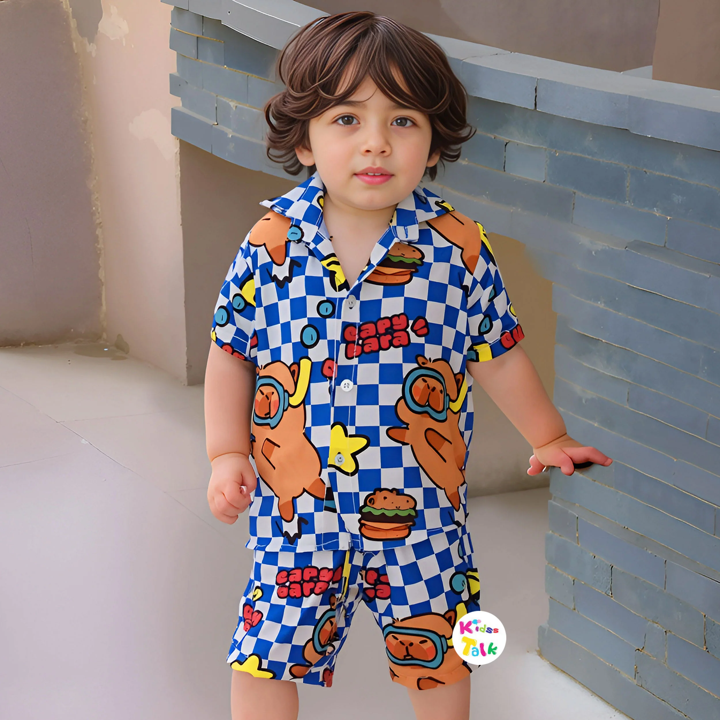 Cotton Half Sleeve Half Pant Set With Cute Print - Blue