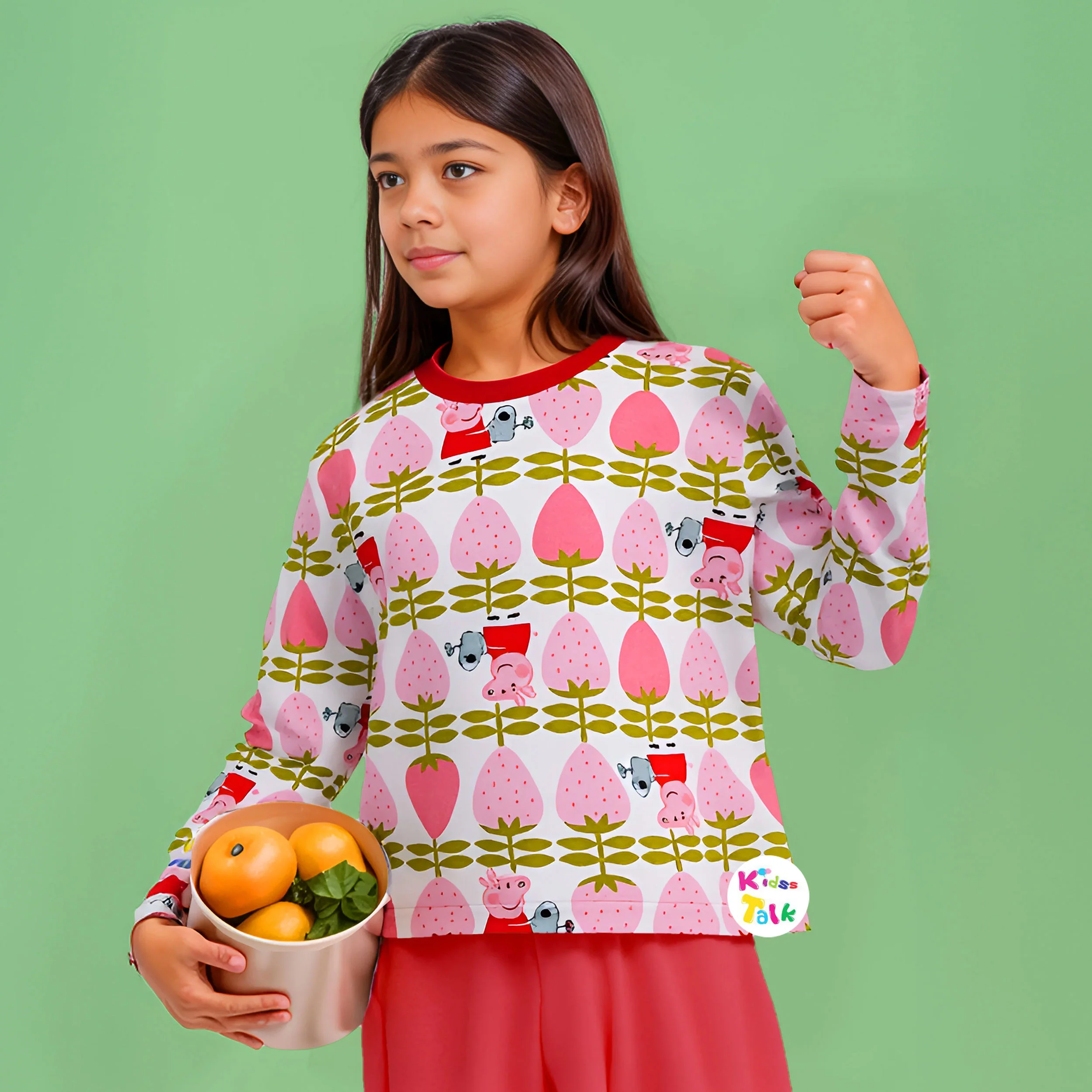 Cotton Knitted Full Sleeve Tees With Cute Print - White