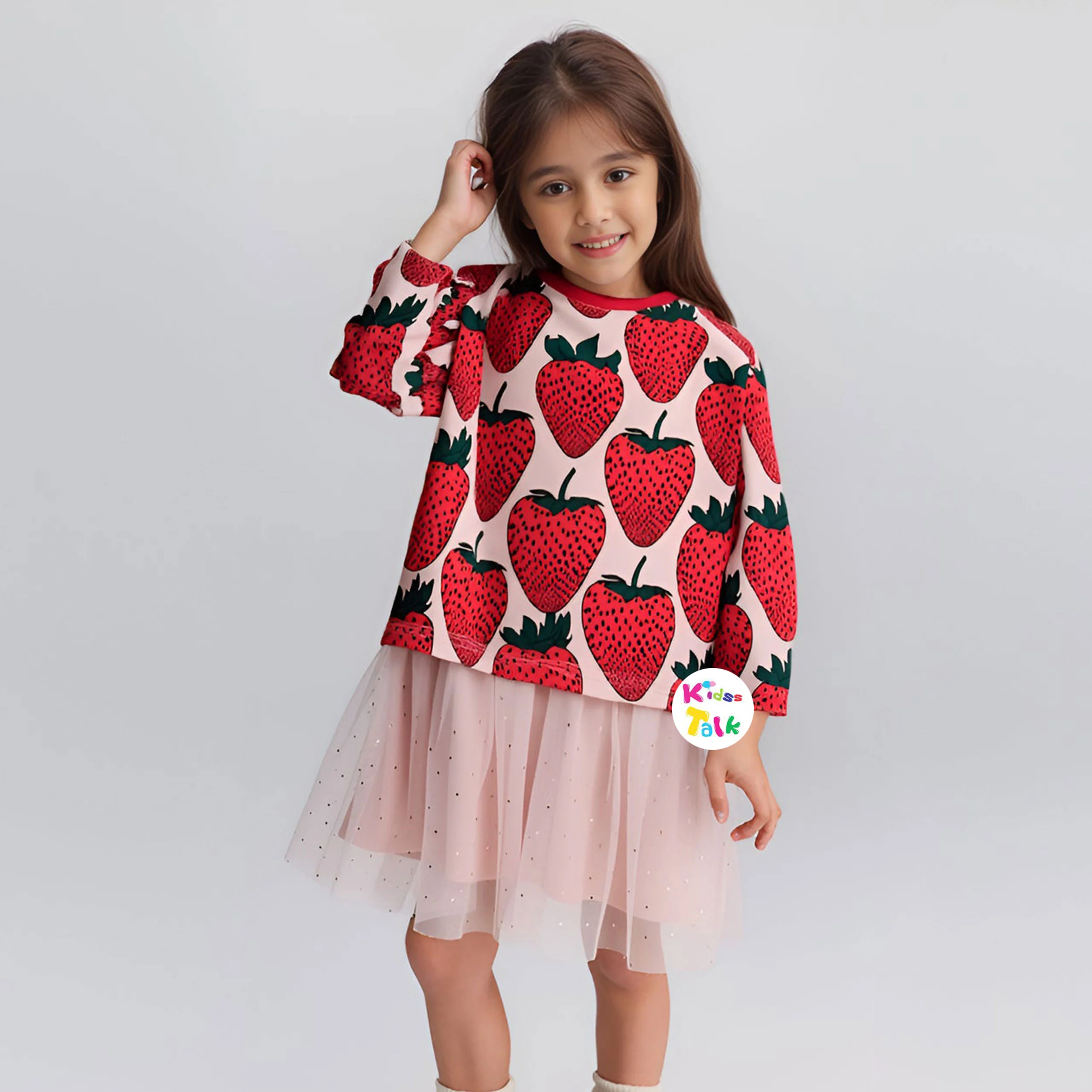 Cotton Knitted Full Sleeve Tees With Cute Print - Peach