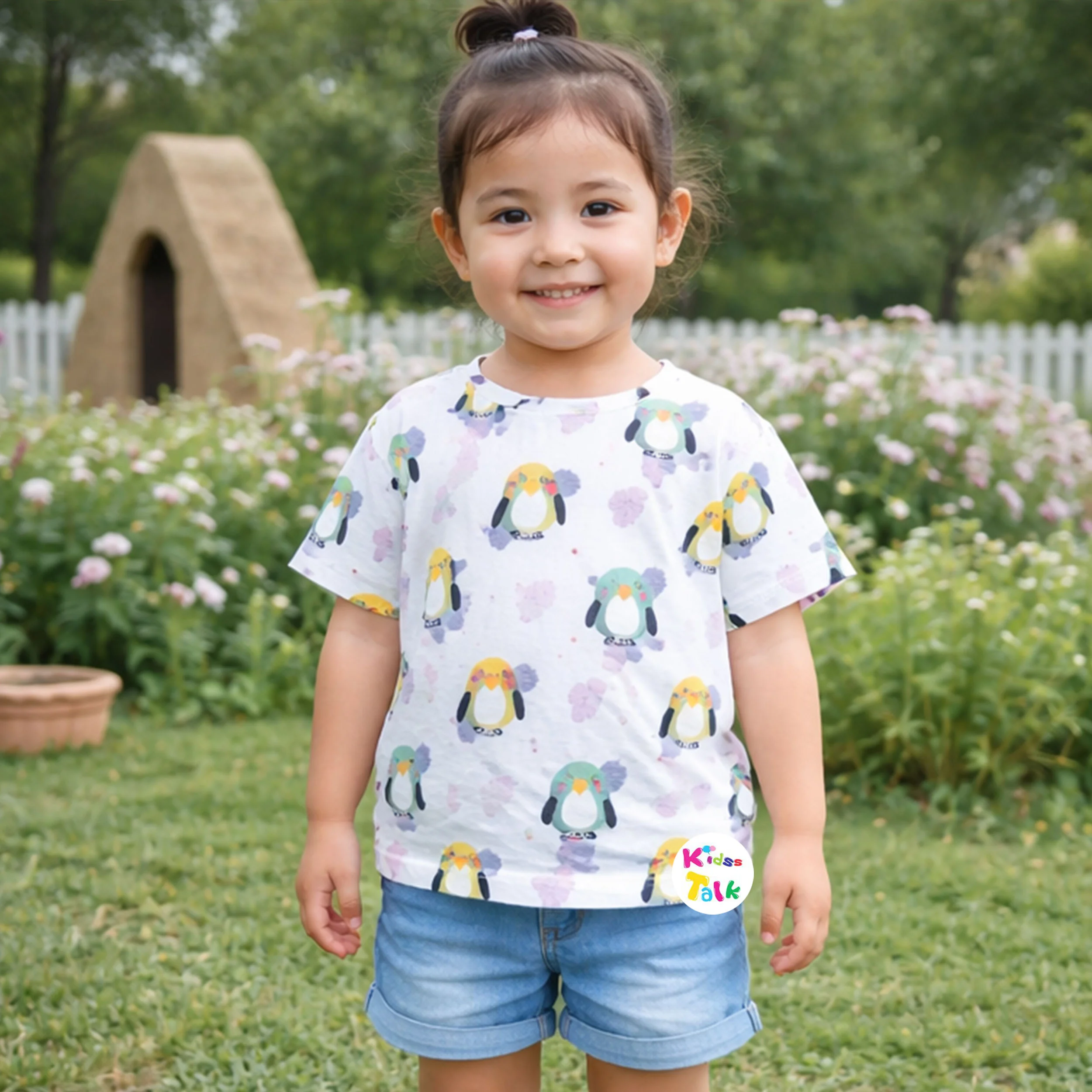 Cotton Knitted Half Sleeve Tees With Cute Print - White