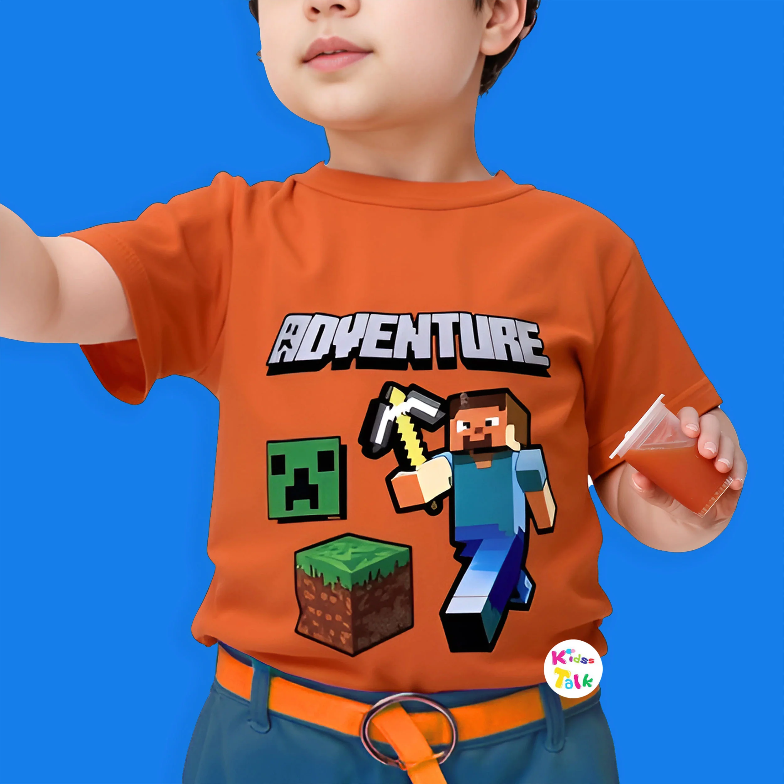 Cotton Knitted Half Sleeve T-shirt With Cute Print - Orange