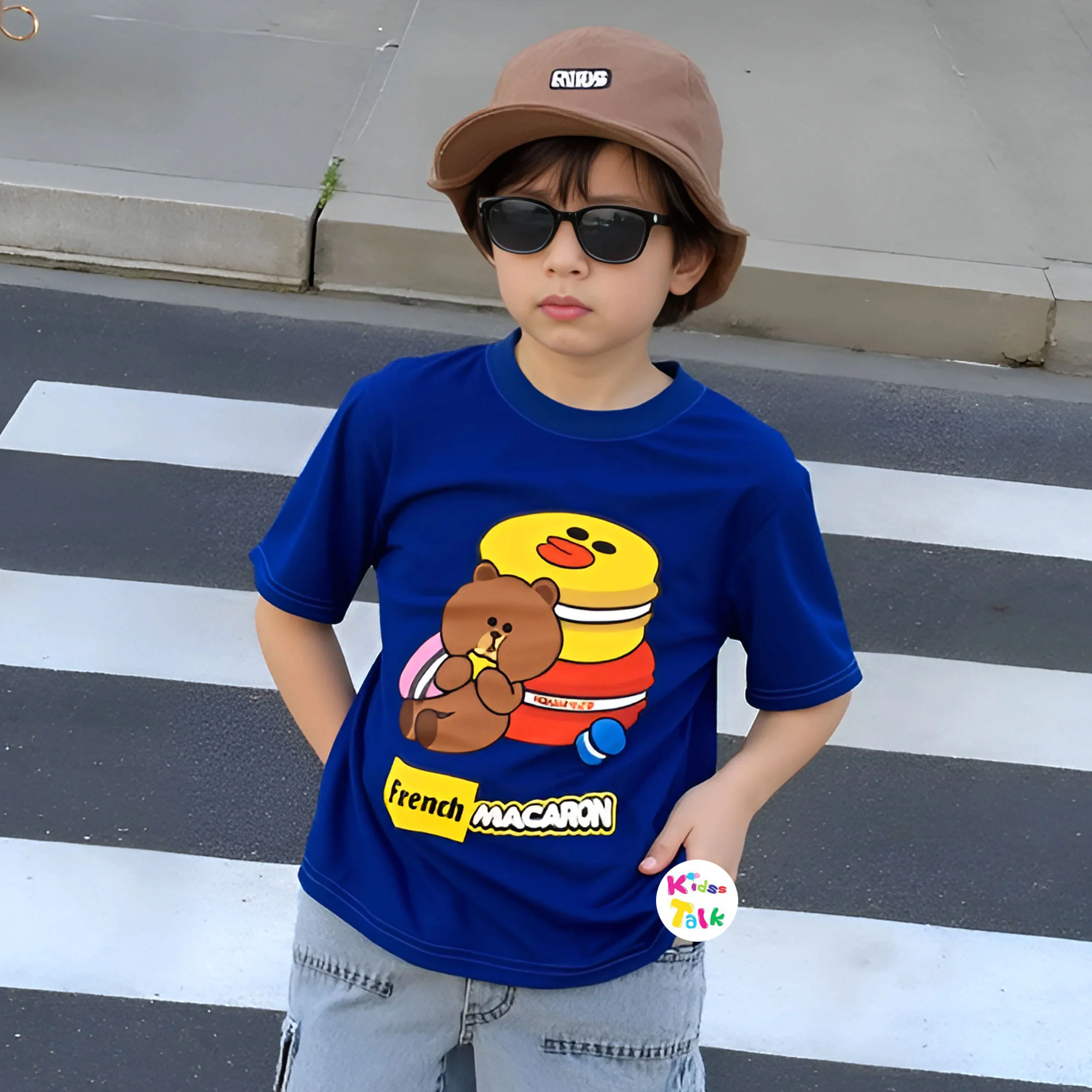 Cotton Knitted Half Sleeve T-shirt With Cute Print - Blue