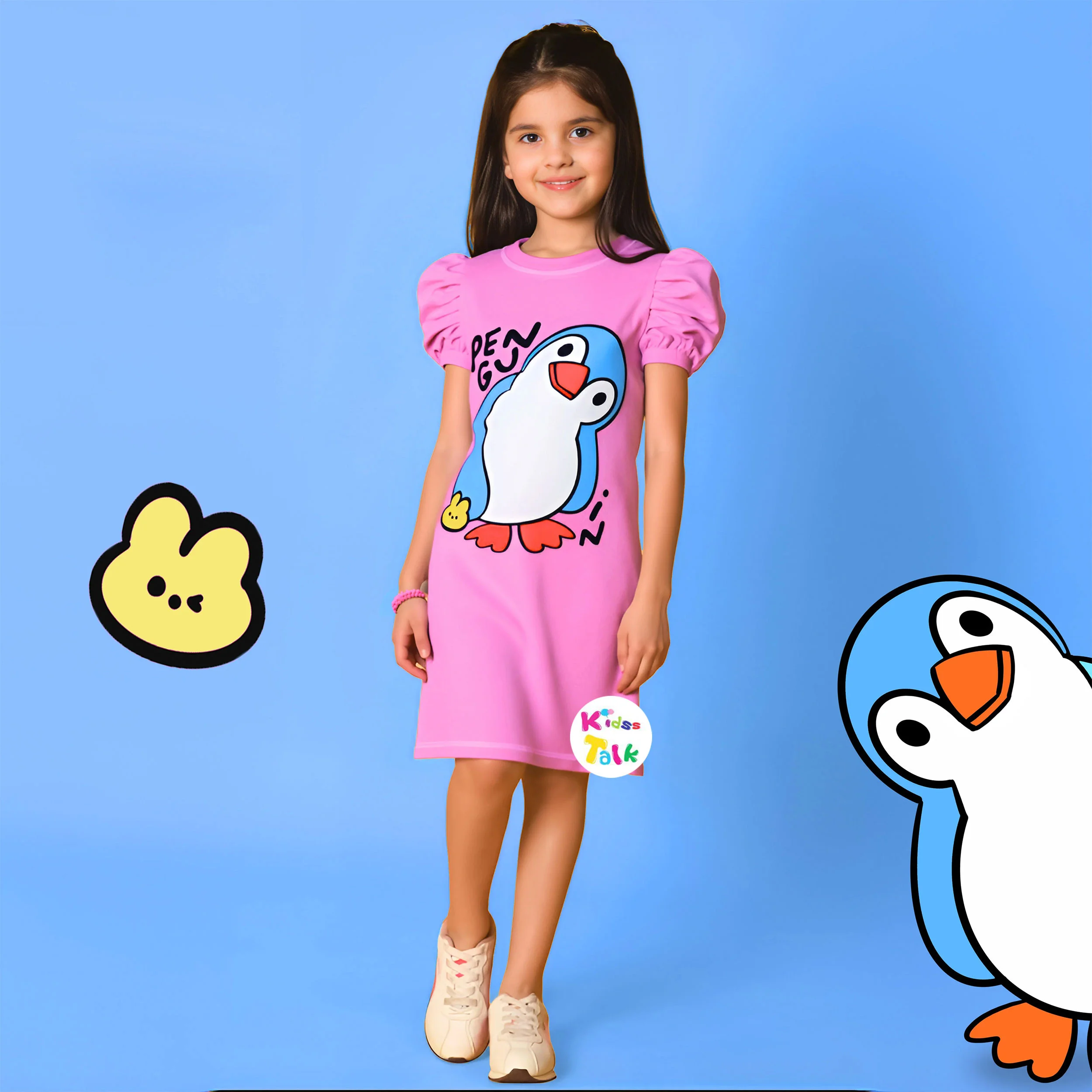 Cotton Knitted Half Sleeve Nighty With Cute Print - Baby Pink