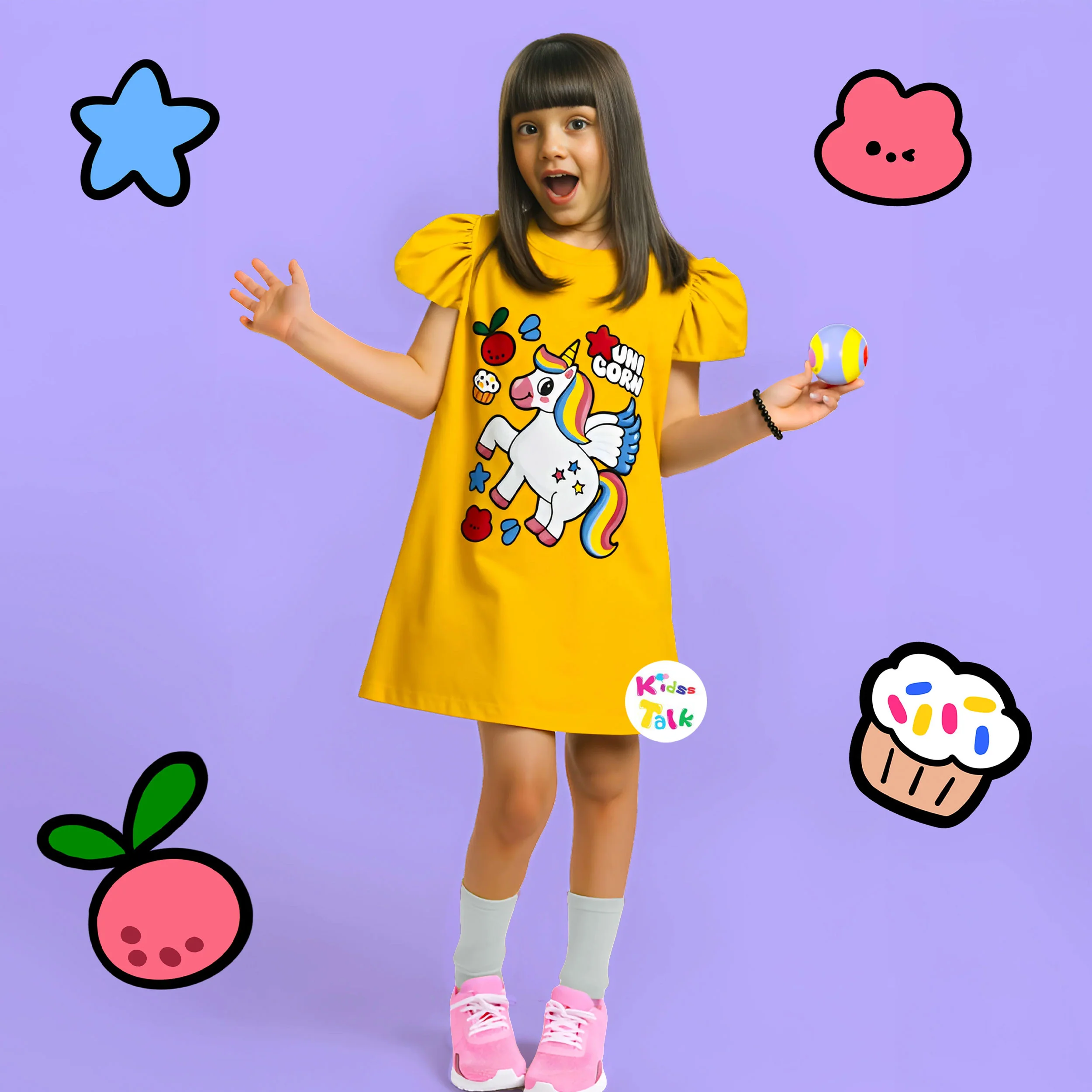 Cotton Knitted Half Sleeve Nighty With Cute Print - Mustard