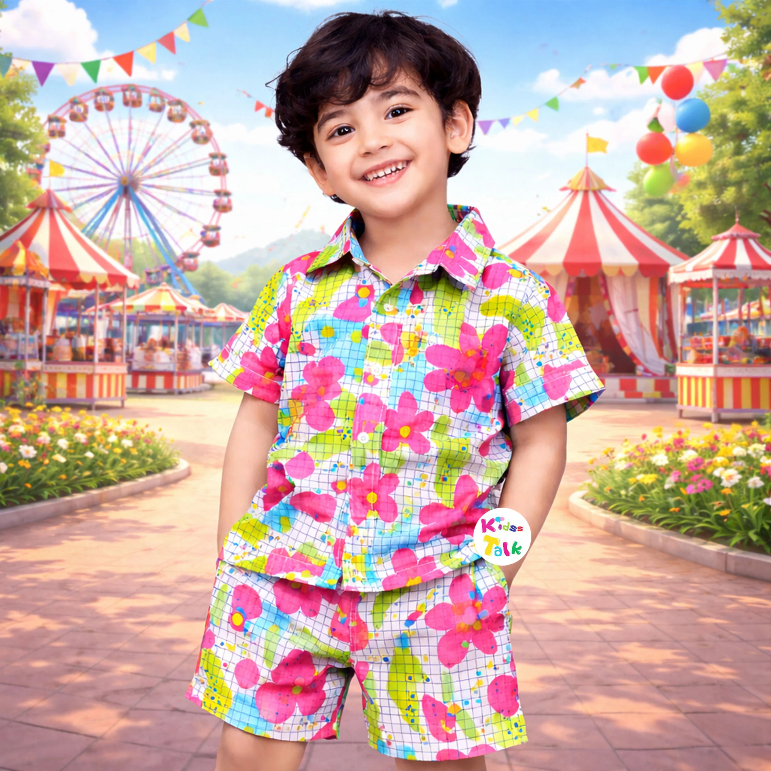 Cotton Half Sleeve Half Pant Set With Cute Print - White