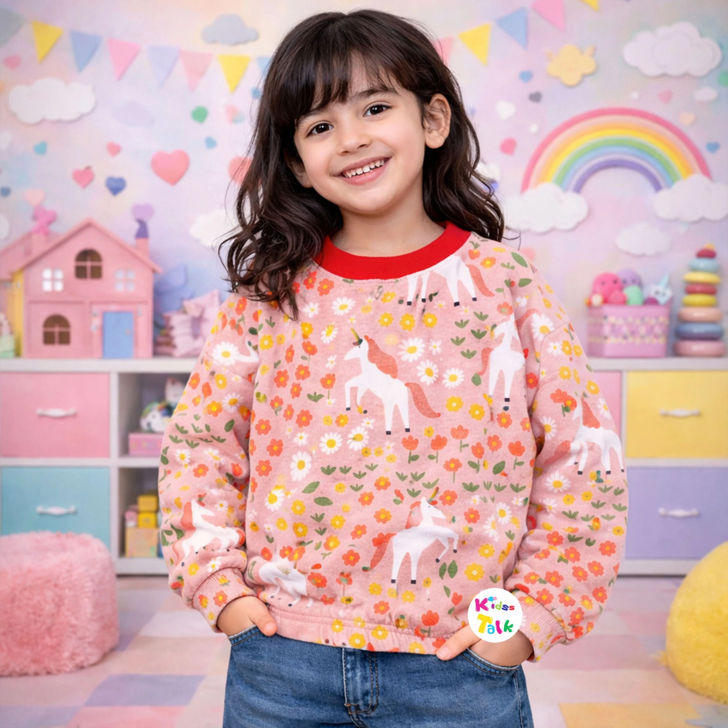 Cotton Knitted Full Sleeve Tees With Cute Print - Peach