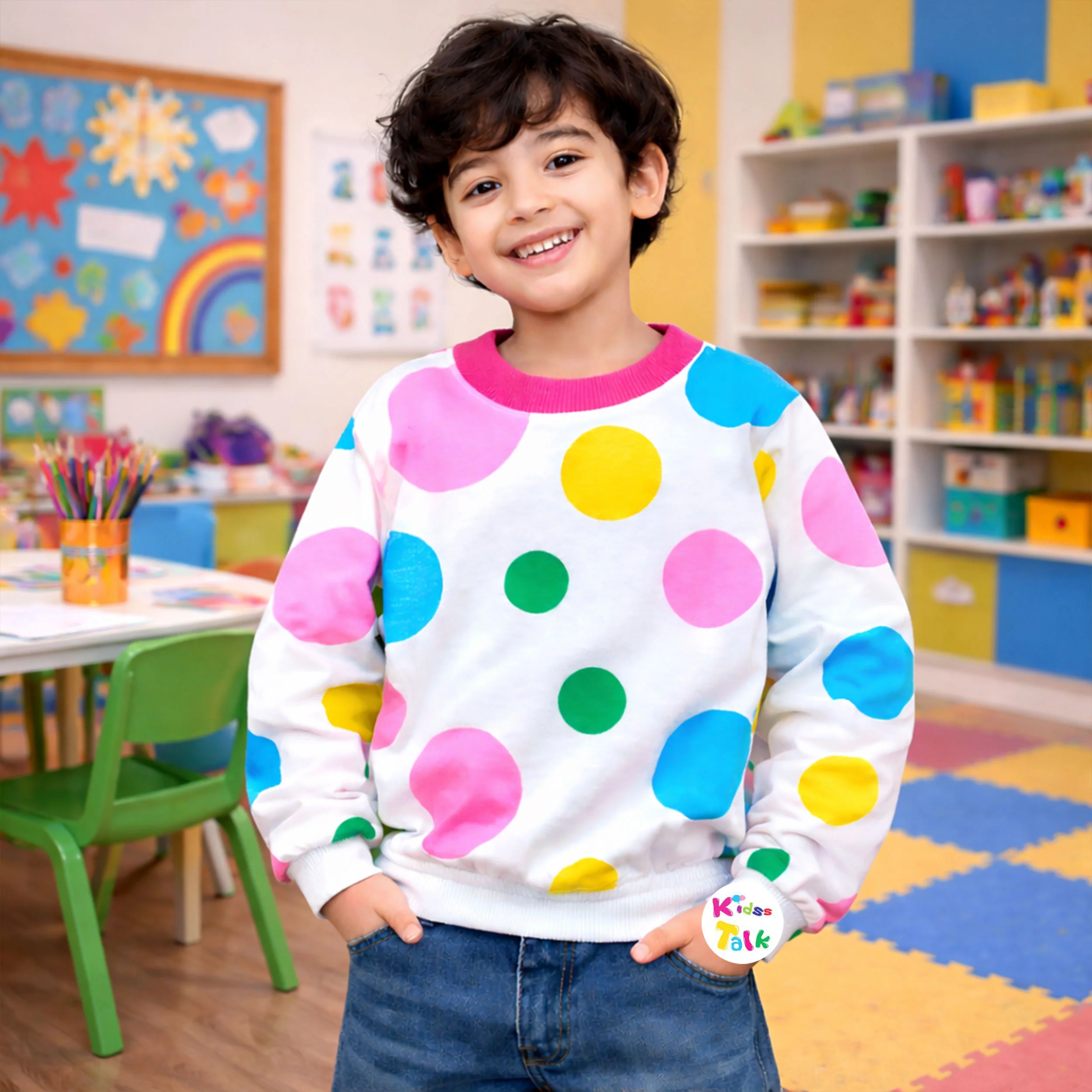 Cotton Knitted Full Sleeve Tees With Cute Print - White